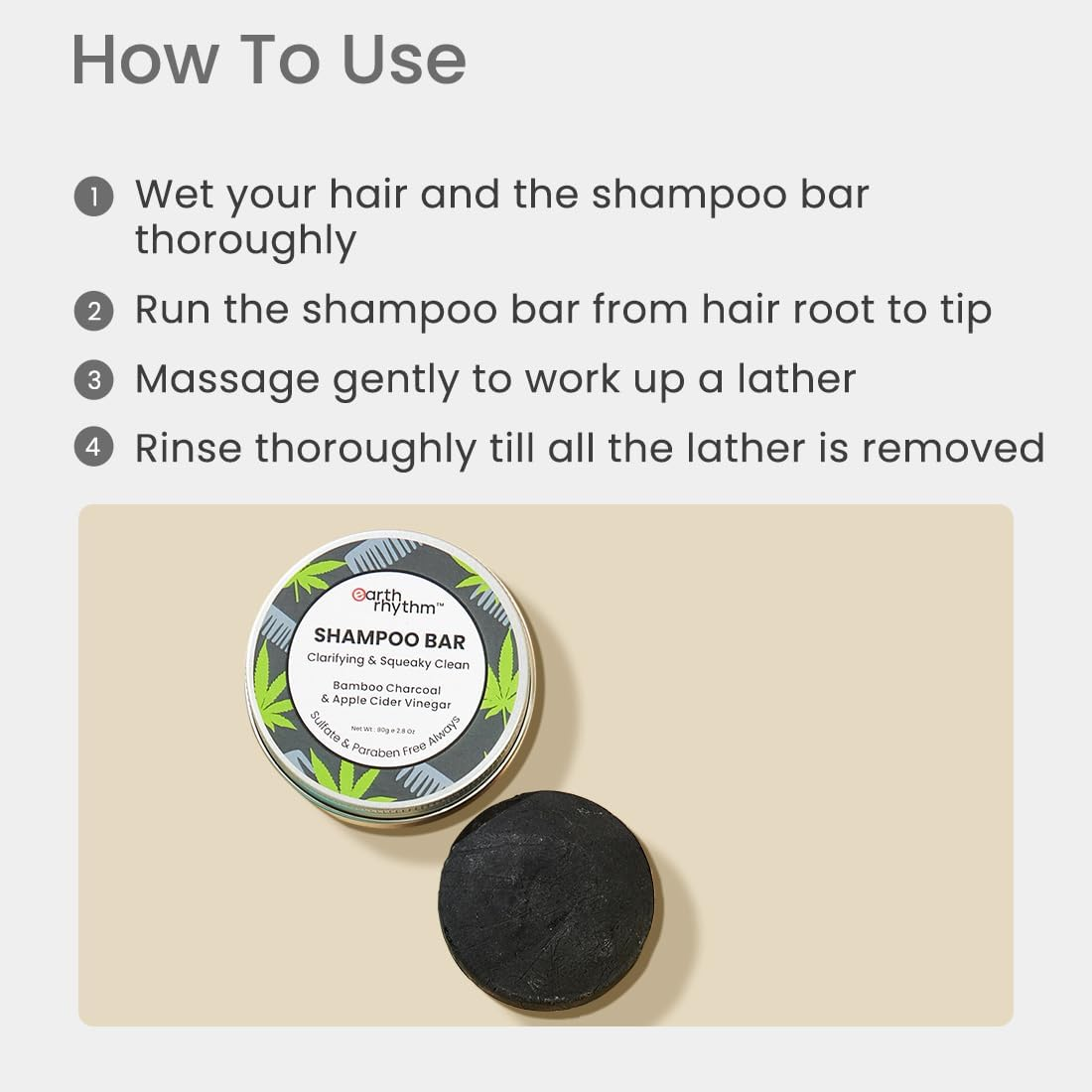 Earth Rhythm Hair Growth Shampoo Bar with Charcoal for Men & Women | Removes Excess Oil & Strenghten Roots| Sulphate & Paraben Free - 80 Gm (Tin) image number 4