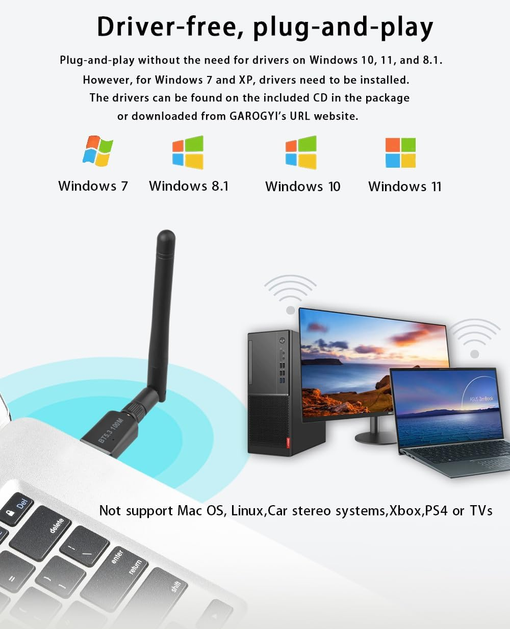 Super Long Range Bluetooth 5.3 Pro USB Adapter for PC Supports Windows 11/10/8.1/7, 5.3+EDR Bluetooth Wireless for Desktop, Laptop, Printers, Keyboard, Mouse, Headsets, Speakers