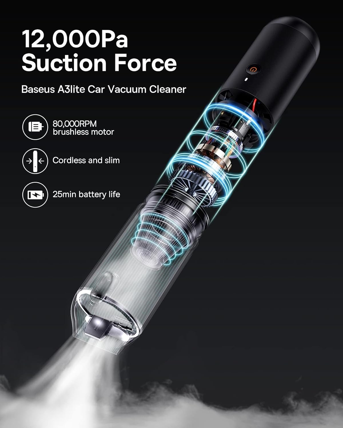 Baseus A3 Lite Car Vacuum Cleaner, Black image number 6