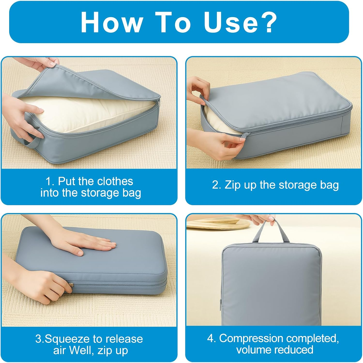 Compression Packing Cubes 8-Piece Set, Gray Polyester Travel Organisers for Luggage, Makeup & Bedroom Storage, Modern Minimalist Style with Large Medium Small Cubes (2 Each) and 2 Shoe Bags