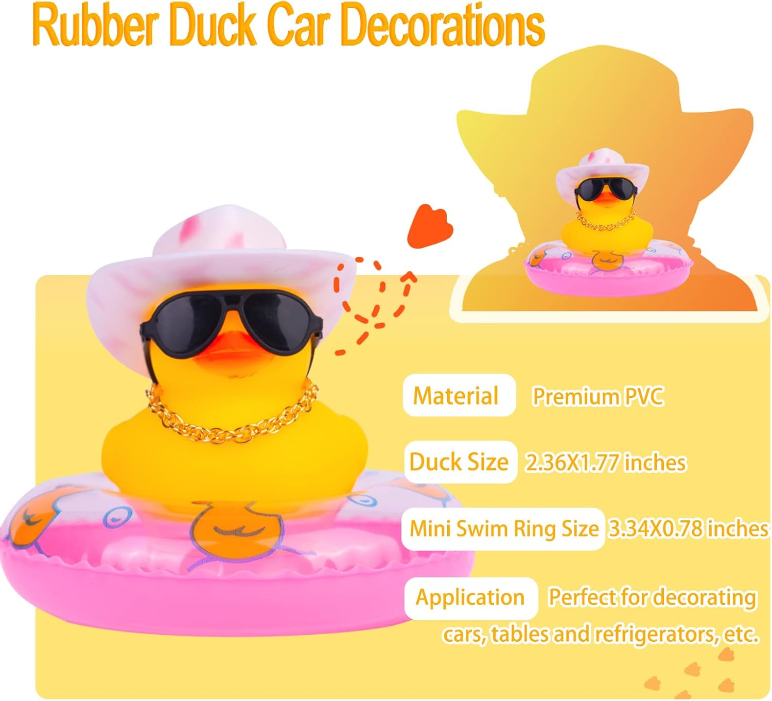 Car Rubber Duck 2Pcs Dashboard Decorations Yellow Duck Ornaments with Mini Swim Ring Sun Hat Necklace and Sunglasses image number 2