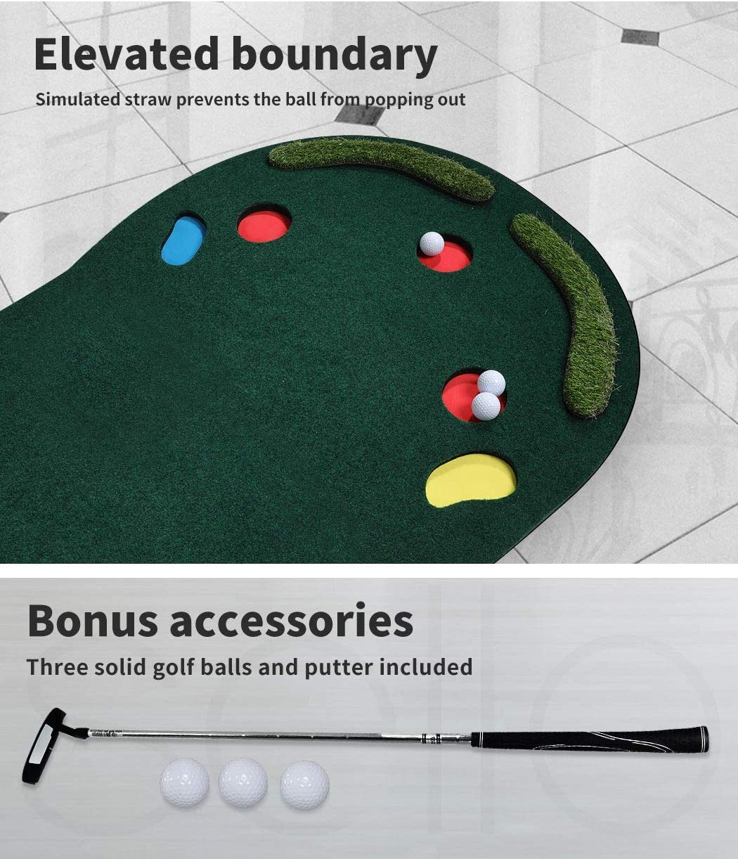 Centra 3M Golf Putting Mat Sets Practice Training Indoor Outdoor Green with 3 Golf Balls 1 Putter, Garden Home Golf Portable Slope Non-Skid Hitting Mats Set for Backyard Driving image number 1