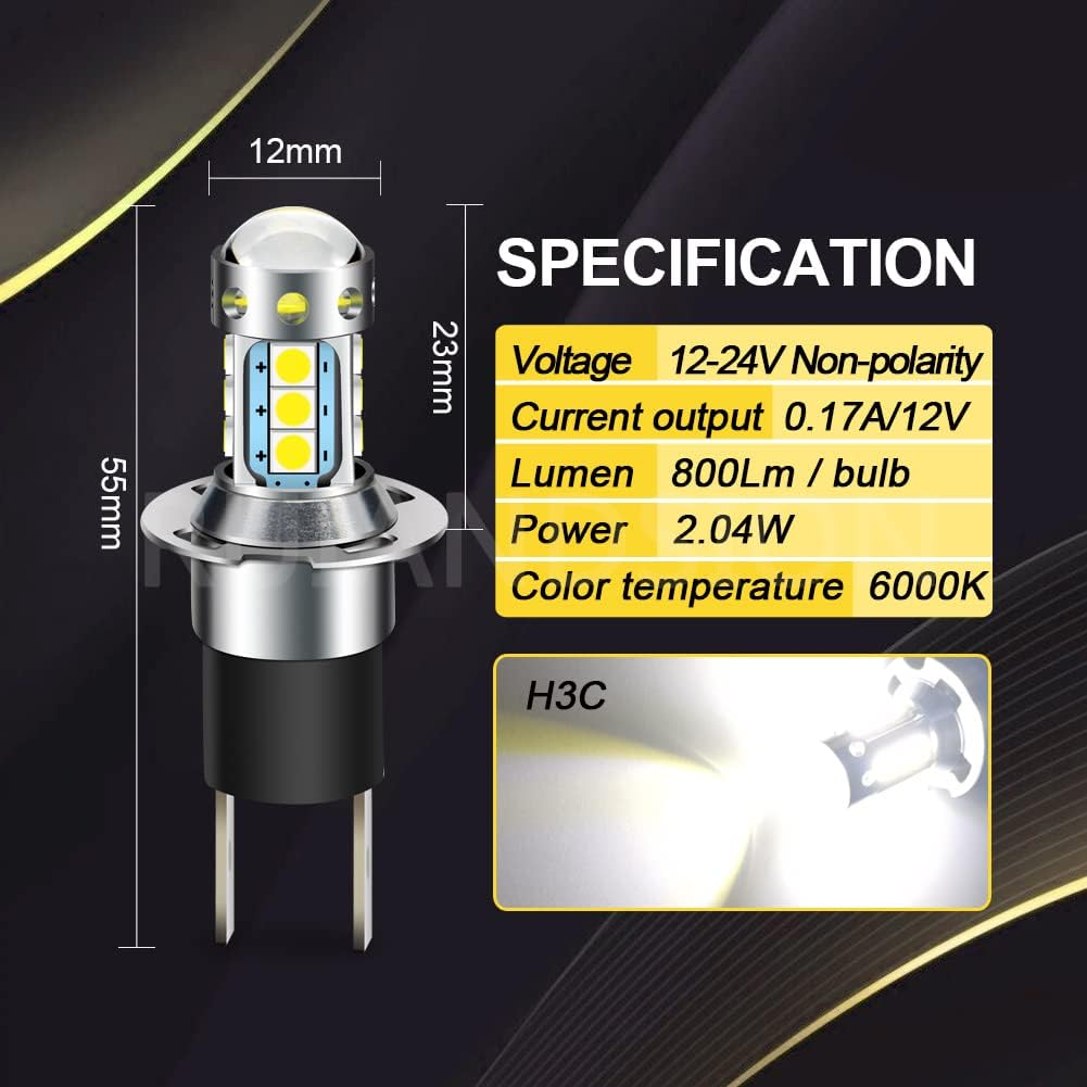 Ruiandsion H3C LED Bulb White 12-24V 2835 14SMD LED Chips LED Car Fog Light Daytime Running Bulb, Non-Polarity (Pack of 2) - White image number 6