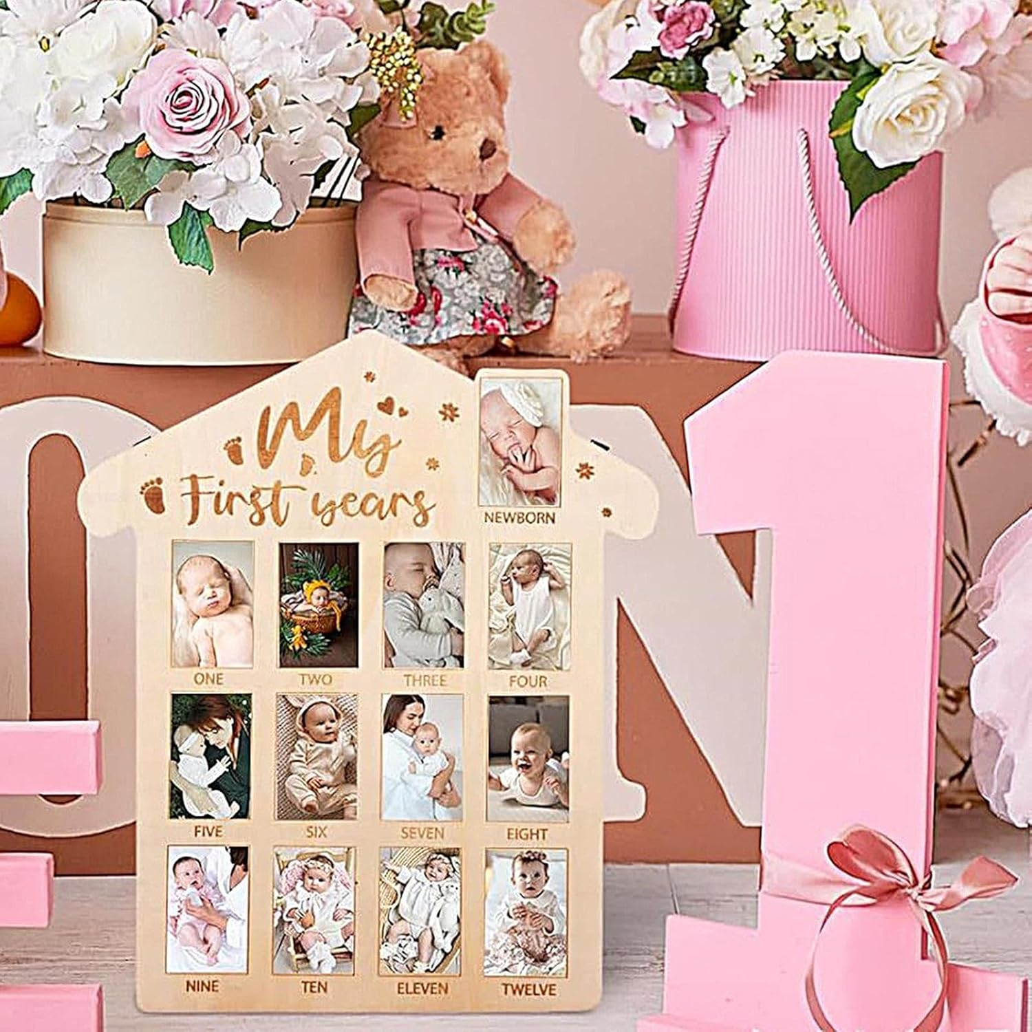 Newborn Frames - Wooden Monthly Garland First Birthday Timeline | Decorative Memory Banner with Clips for Baby Photo Showcase, Room Ornament, Mo image number 3