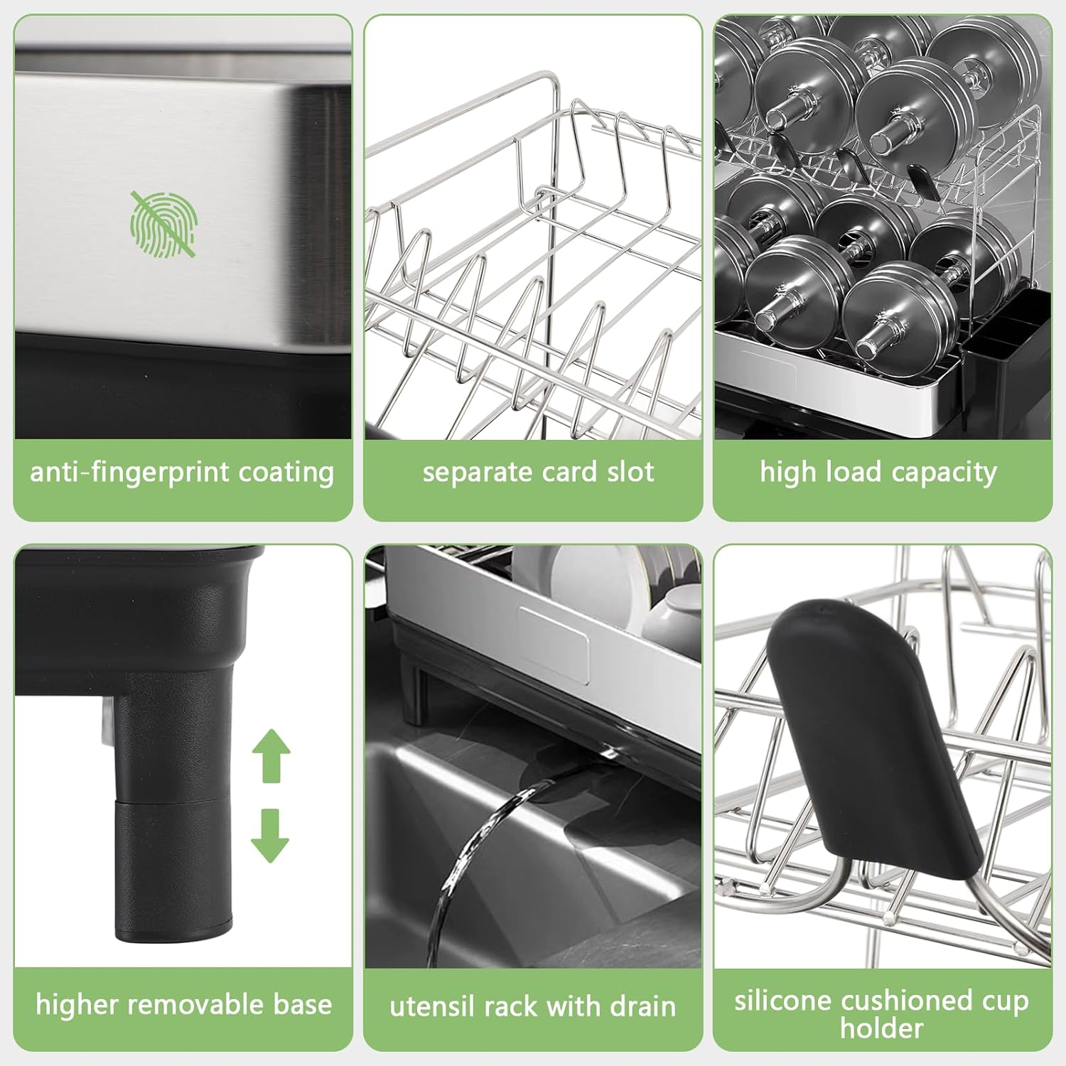 2 Tier Dish Drying Rack, 304 Stainless Steel Dish Drainer for Kitchen Counter, Extra Large Dish Rack with 360&deg; Rotatable Drain Spout & Cup Holder image number 6