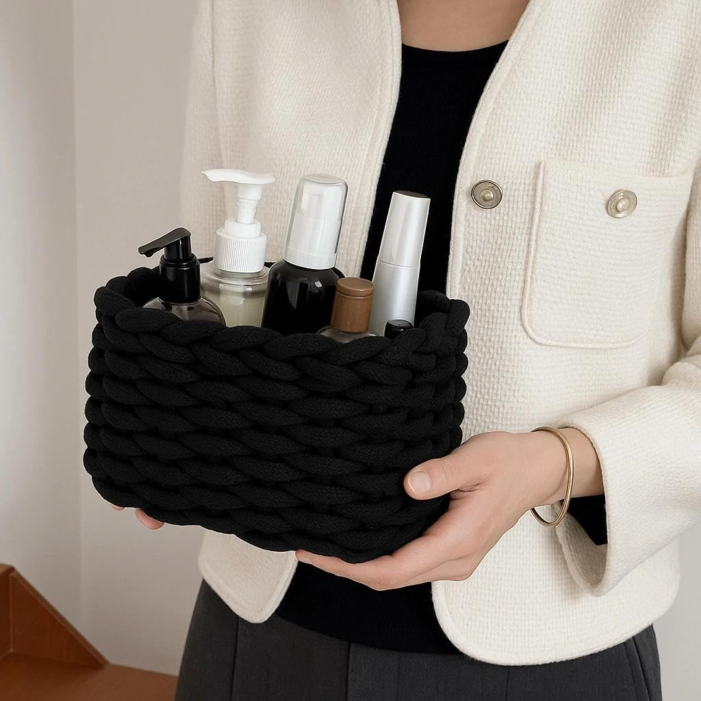 Cotton Storage Basket, Basket, Braided Basket, for Toilet Paper, Cosmetics, Toys, Home Accessories, 19 X 15 X 12 Cm, Grey, Pack of 2 image number 6