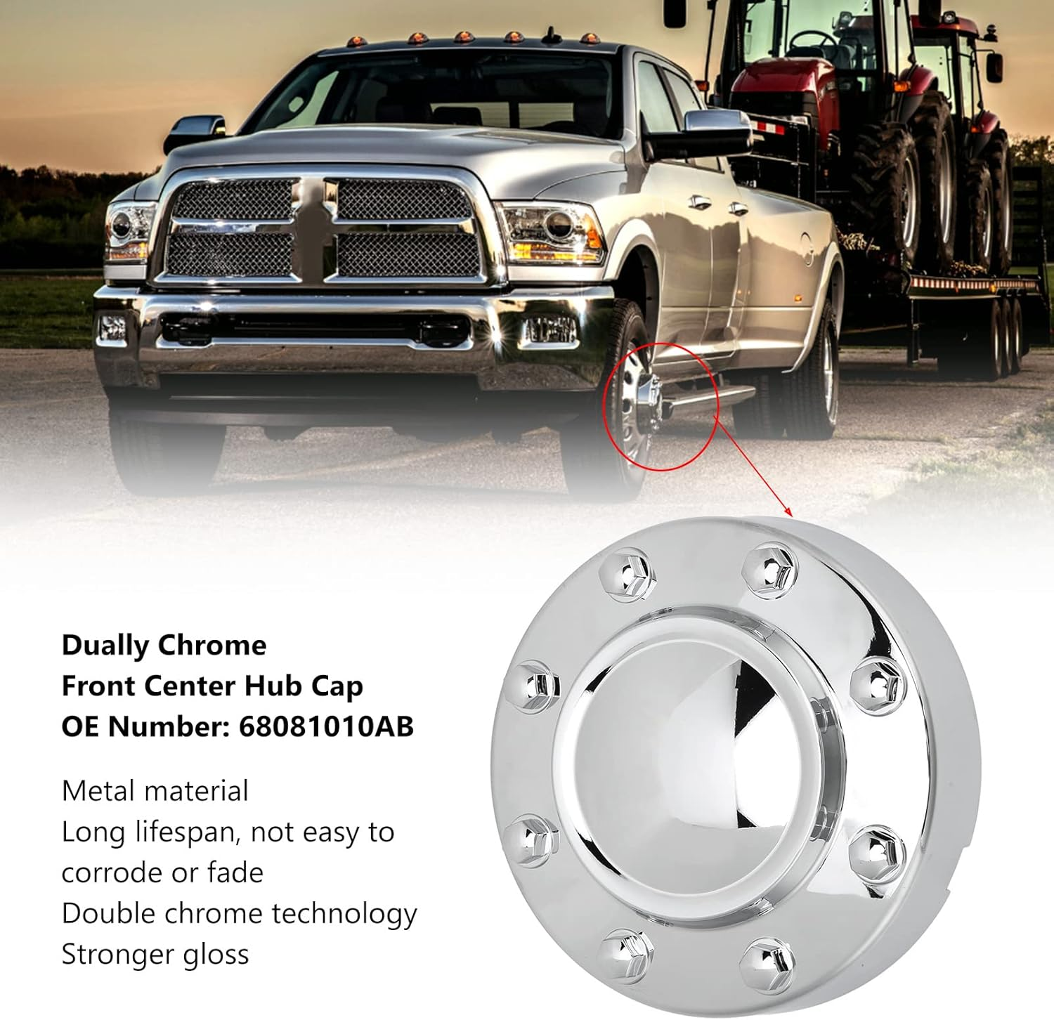 Dually Front Center Hub Cap Wheel Cover | Chrome Replacement for RAM 3500 2011 2012 2013 | High-Gloss ABS Chrome Plated | OE 68081010AB image number 3