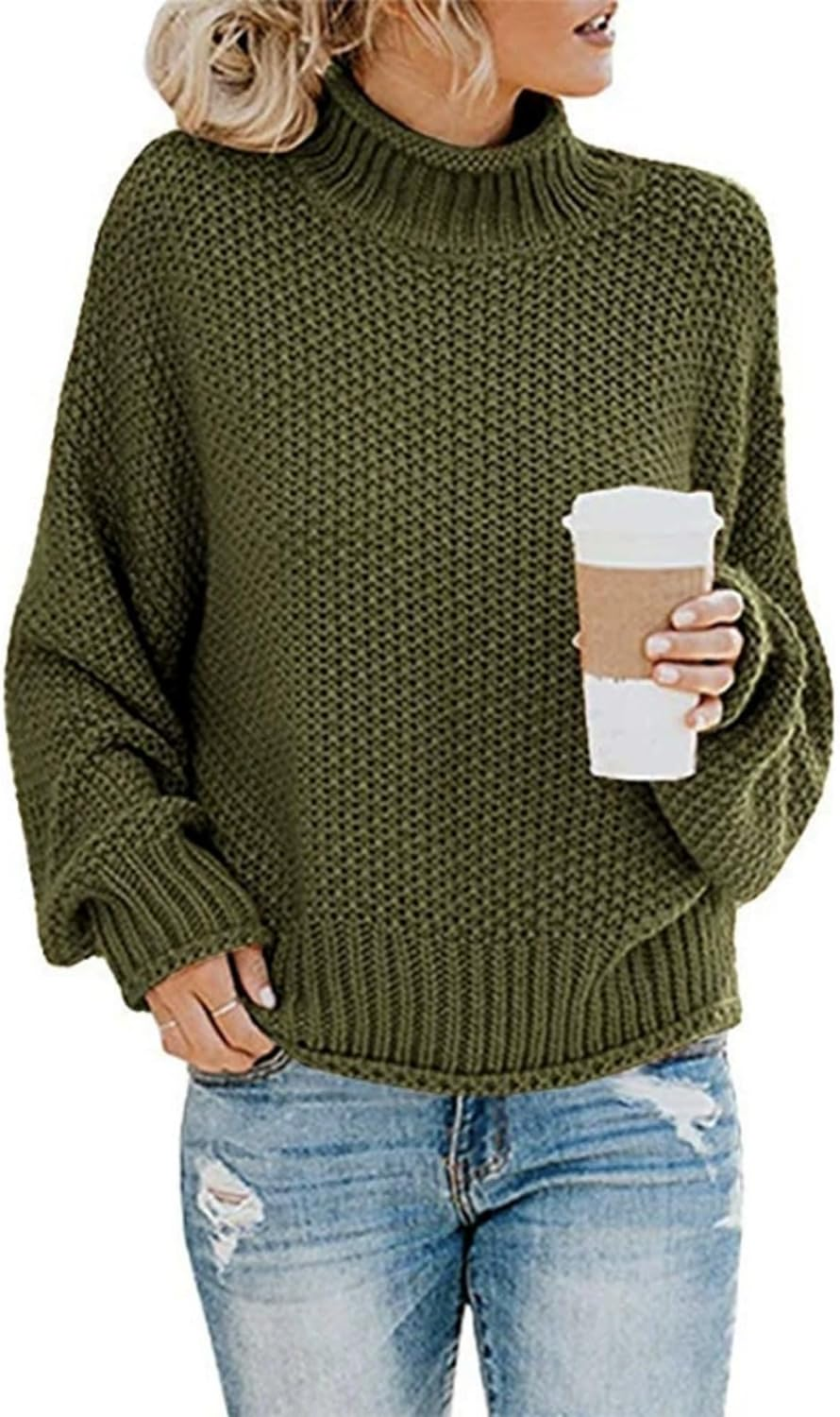 Womens Chunky Knit Slouchy Turtleneck Pullover Batwing Long Sleeve Pullover Loose Solid Casual Pullover Fall Tops Jumper image number 4