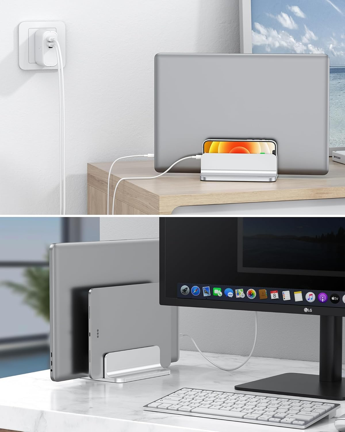 [Updated Dock Version] Vertical Laptop Stand OMOTON Double Desktop Stand Holder with Adjustable Dock (Up to 17.3 Inch) Fits All Macbook/Surface/Samsung/Hp/Dell/Chrome Book (Silver) image number 3