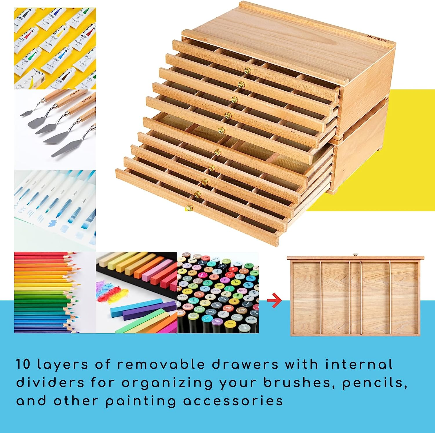 MEEDEN 10-Drawer Artist Supply Storage Box - Large Capacity Multi-Function Beech-Wood Pencil Box with Drawer & Compartments for Organizing Pastels, Pencils, Pens, Markers, Brushes & Stamp image number 5
