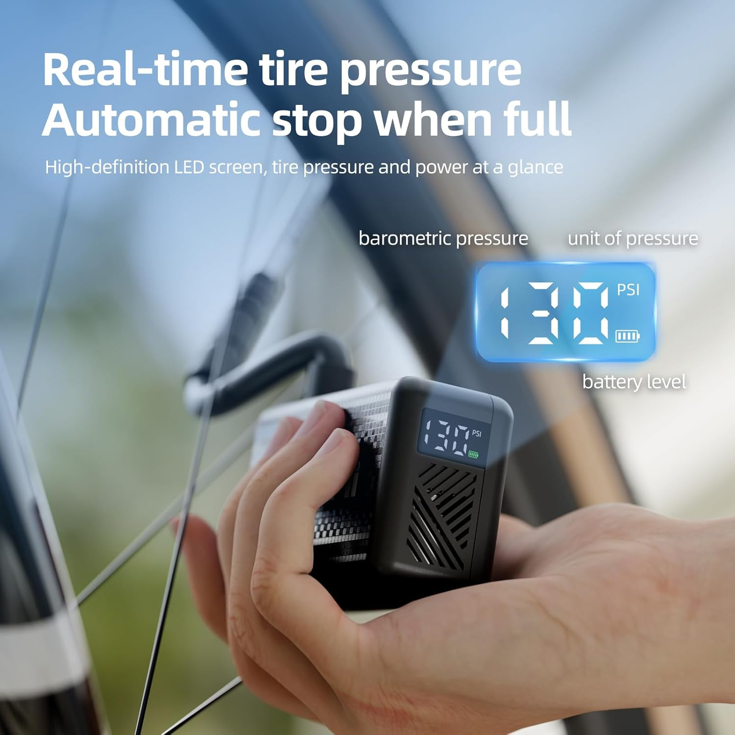 CYCLAMI Mini Electric Bike Pump,130Psi Tiny Electric Bicycle Air Pump, Auto Stop, Presta and Schrader Valve Aluminium for All Bike, Type-C Rechargeable Battery