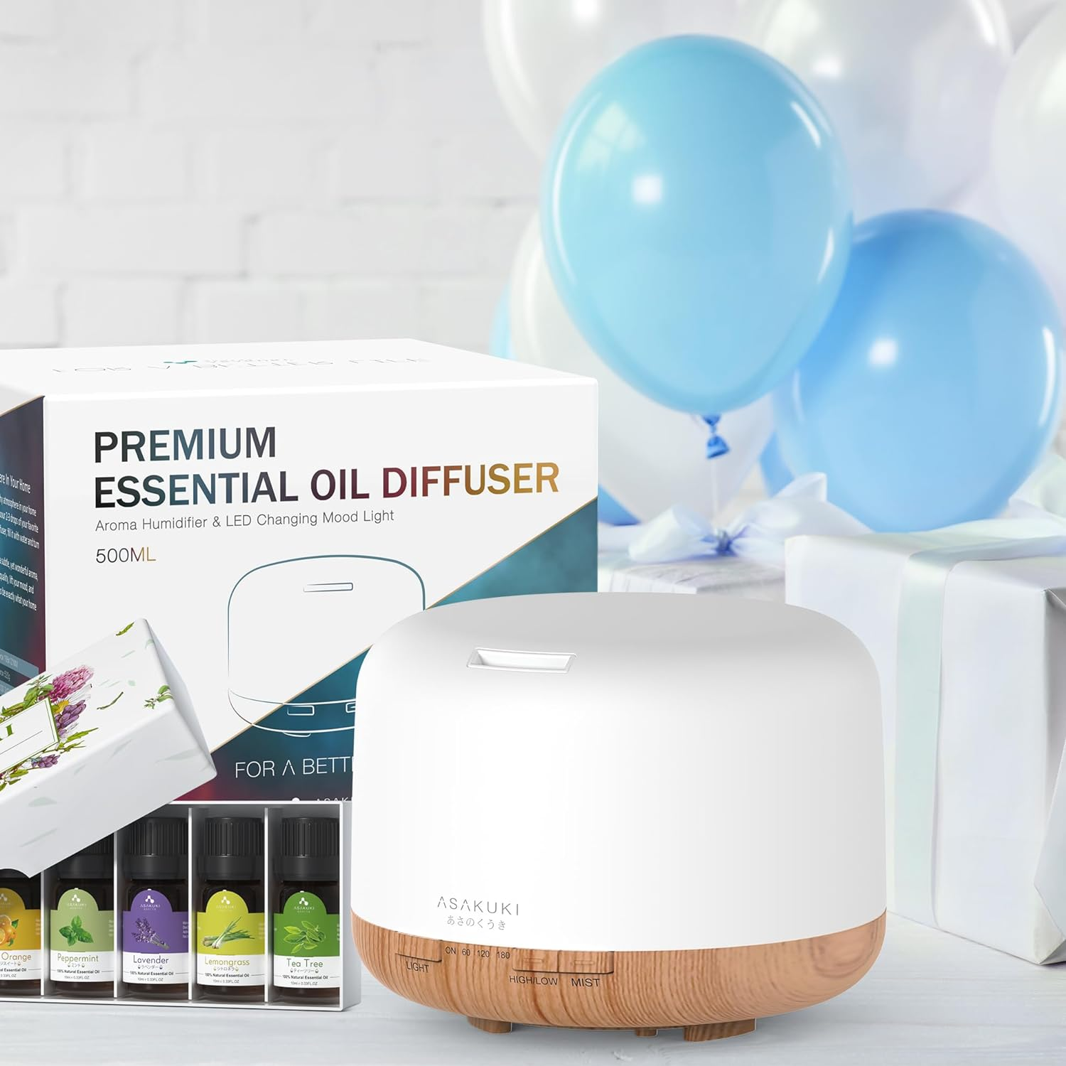 ASAKUKI Essential Oil Diffuser with Essential Oils Set, 500Ml Aromatherapy Diffuser - 14 LED Colors & Auto Shut-Off, Top 6 Essential Oils - Lavender Eucalyptus Tea Tree Orange Peppermint Lemongrass image number 1