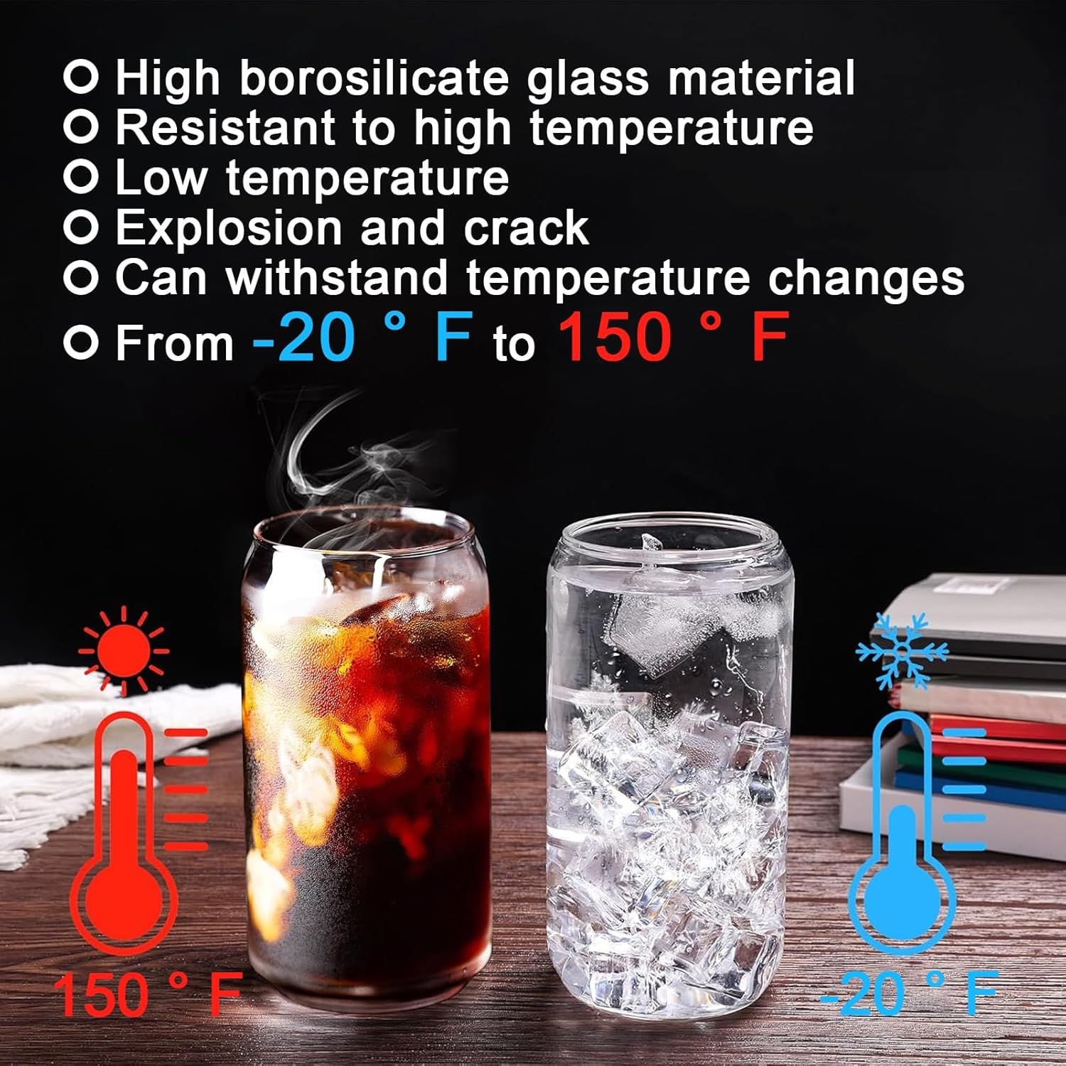 TFMOJHST 4Pcs Drinking Glasses with Bamboo Lids and Glass Straw-16 Oz Iced Coffee Glasses with Lids and Straws, Can Glass Cups Used for Beer/Milk/Soda Boba Etc.Include Can Glasses Cleaning Brushes image number 1