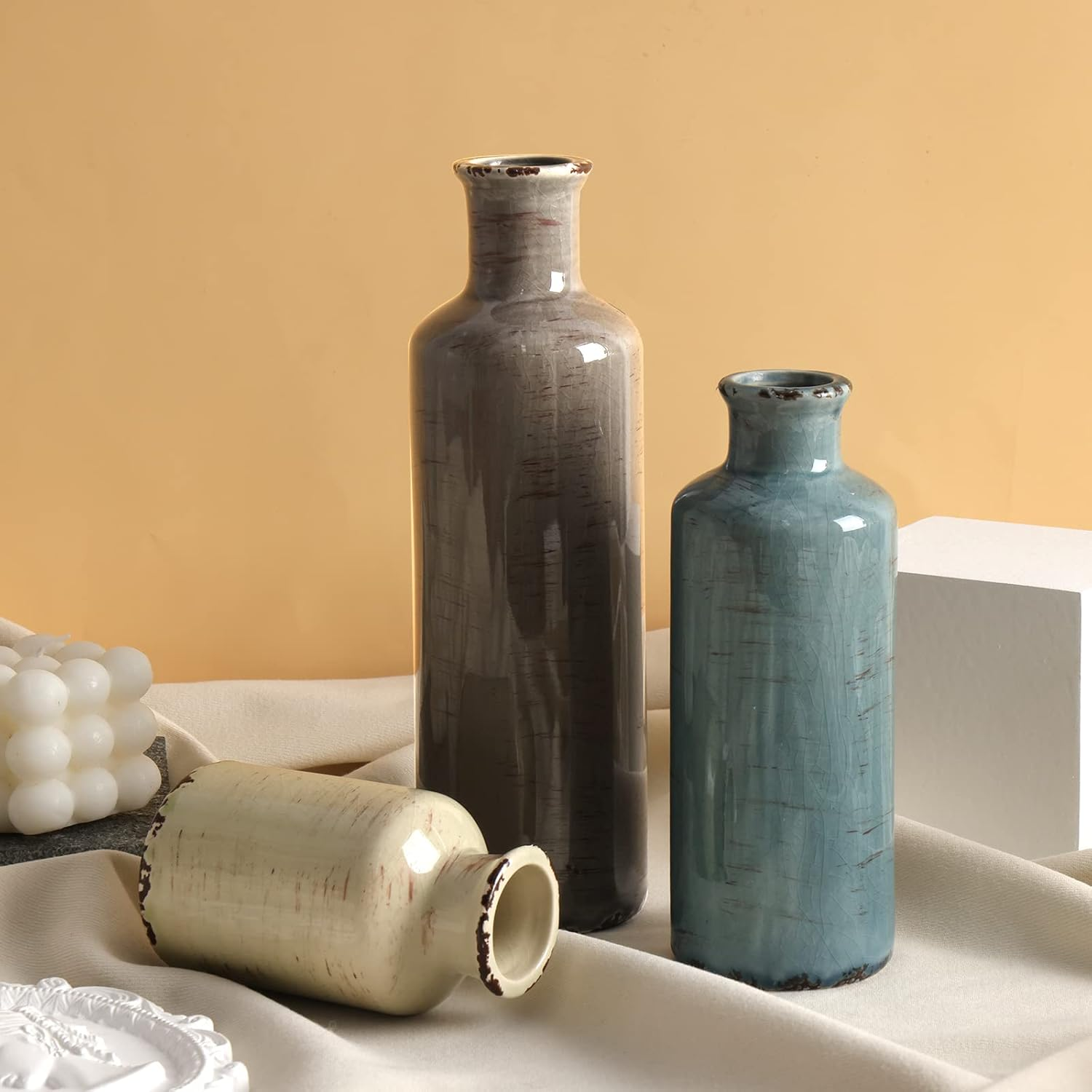 CUCUMI Ceramic Vase Set of 3, Rustic Coastal Farmhouse Decor for Shelves, Ocean Beach Style Small Flower Vases for Home Decor, Mantle, Fireplace, Table, Shelf Decorations for Living Room image number 2