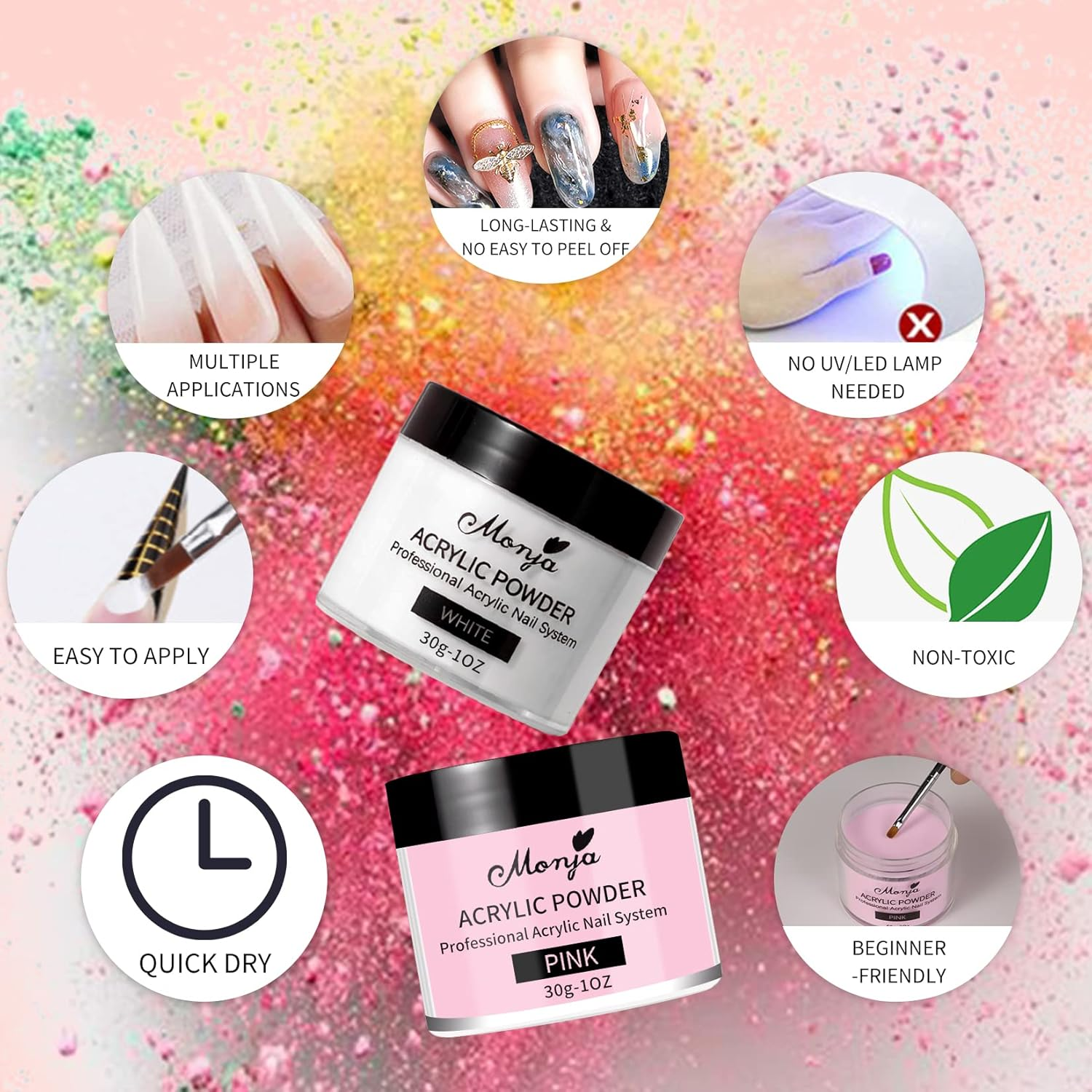 Monja Acrylic Powder - 4PCS 30G Professional Colored Acrylic Nail Powder for Acrylic Nails Extension 3D Nail Art Acrylic Polymer Powder Manicure Salon DIY No Need Nail Lamp image number 1