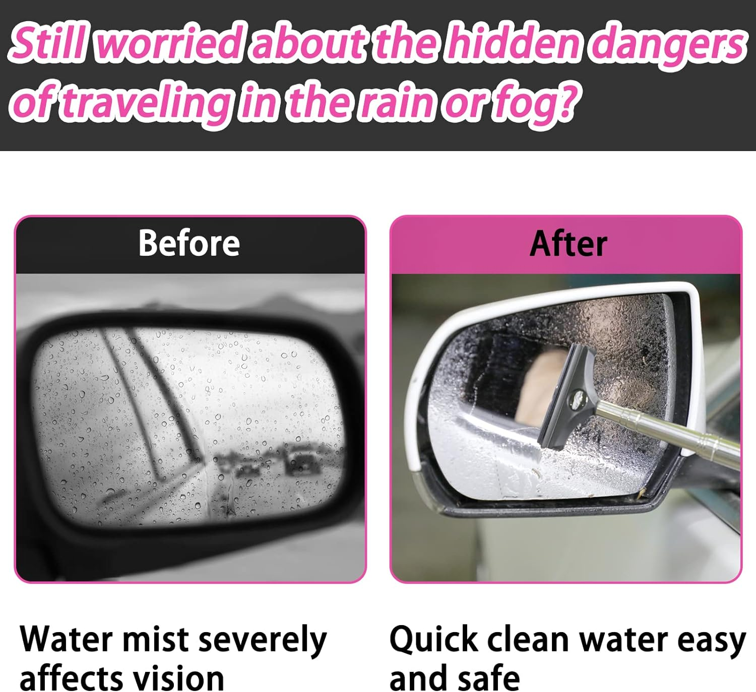 Side Mirror Squeegee, 2 PCS Car Rearview Wiper, Retractable for All Vehicles, Universal Automotive Accessories (Black/Pink)