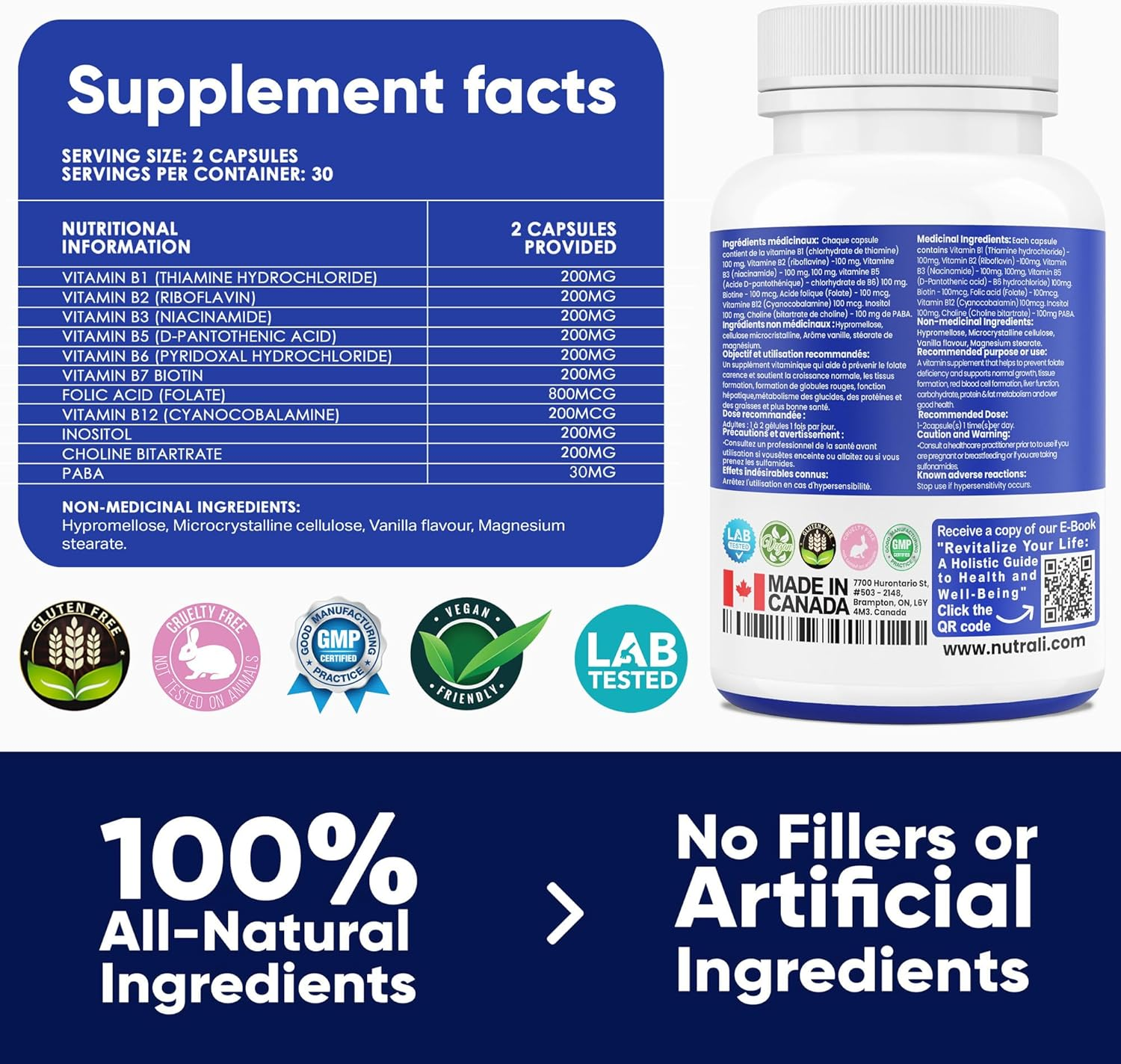 NEW B-COMPLEX 100 High Potency Capsules, 9 Complete B Vitamins - B1, B2, B3, B5, B6, B7, B9, B10, B12 for Men and Women, Reduced Stress, Improved Immune Support, Hair, Skin, Nail & Eye Health, and Brain Function &ndash; Gluten Free, Non-Gmo, Vegan - (1 Pack) 60 Capsules image number 6