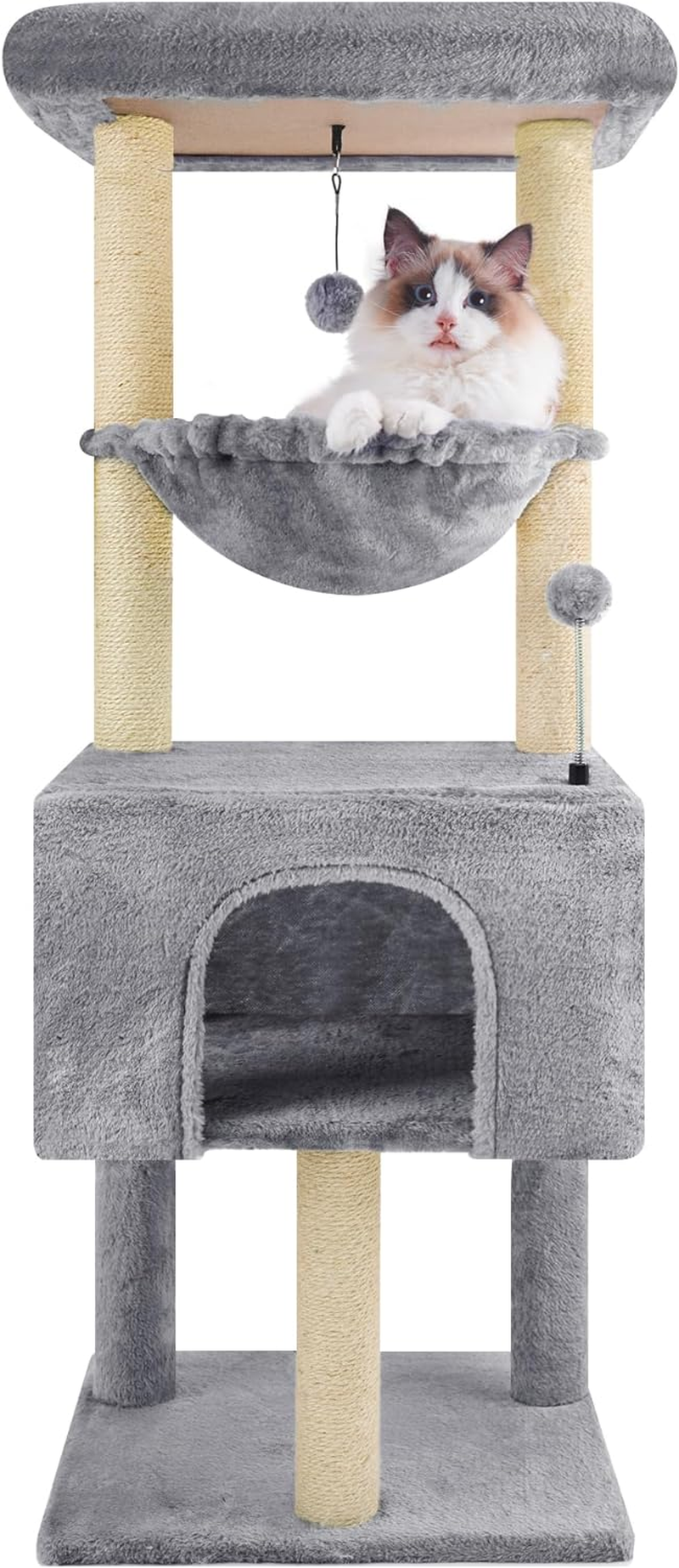 ROYPET 110Cm Cat Tree Tower with Sisal Scratching Posts for Indoor Cats,Cat Tower with Hammock and Hanging Ball Toy,Pet Furniture Activity Centre with Condo,Play Towers&Trees,Small Space,Grey image number 4