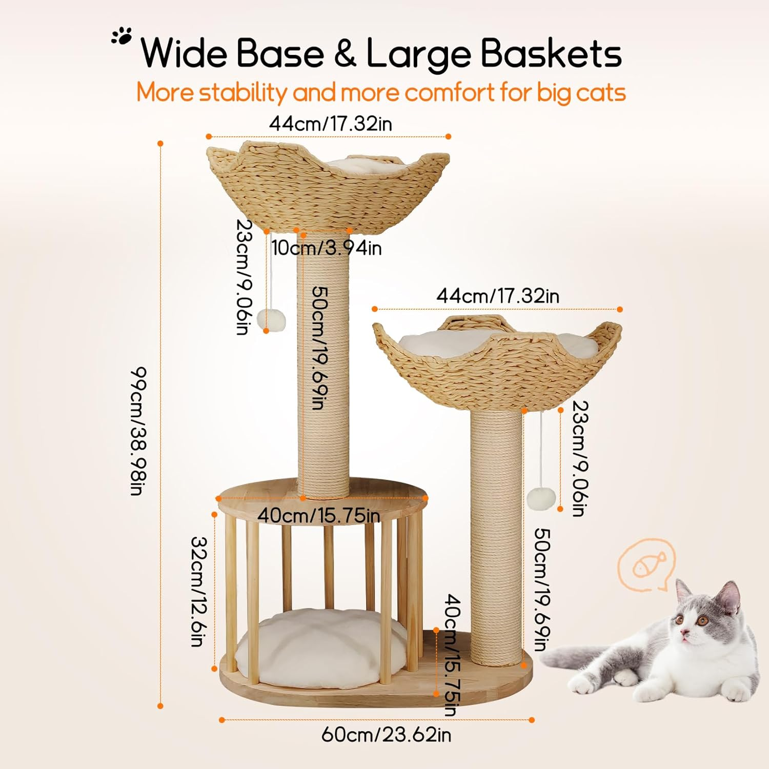 Bingopaw Wooden Cat Tower Tree: 3-Tier Kitten Tree Activity Tower Condo Furniture with Plush Cushion Cozy Rest Dangling Ball Sisal Scratching Post Indoor 60X40X99Hcm image number 4