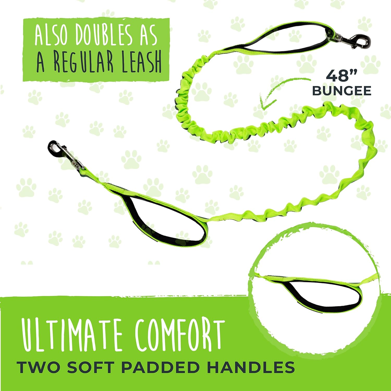 Mighty Paw Hands Free Bungee Leash 2.0 | 4&rsquo; Dog Lead W/Dual Padded Traffic Handles for Running, Hiking & Jogging. Wearable Belt (27-48&rdquo; Waistband) W/ 2 Attachment Loops. Pets up to 150Lb (Green)