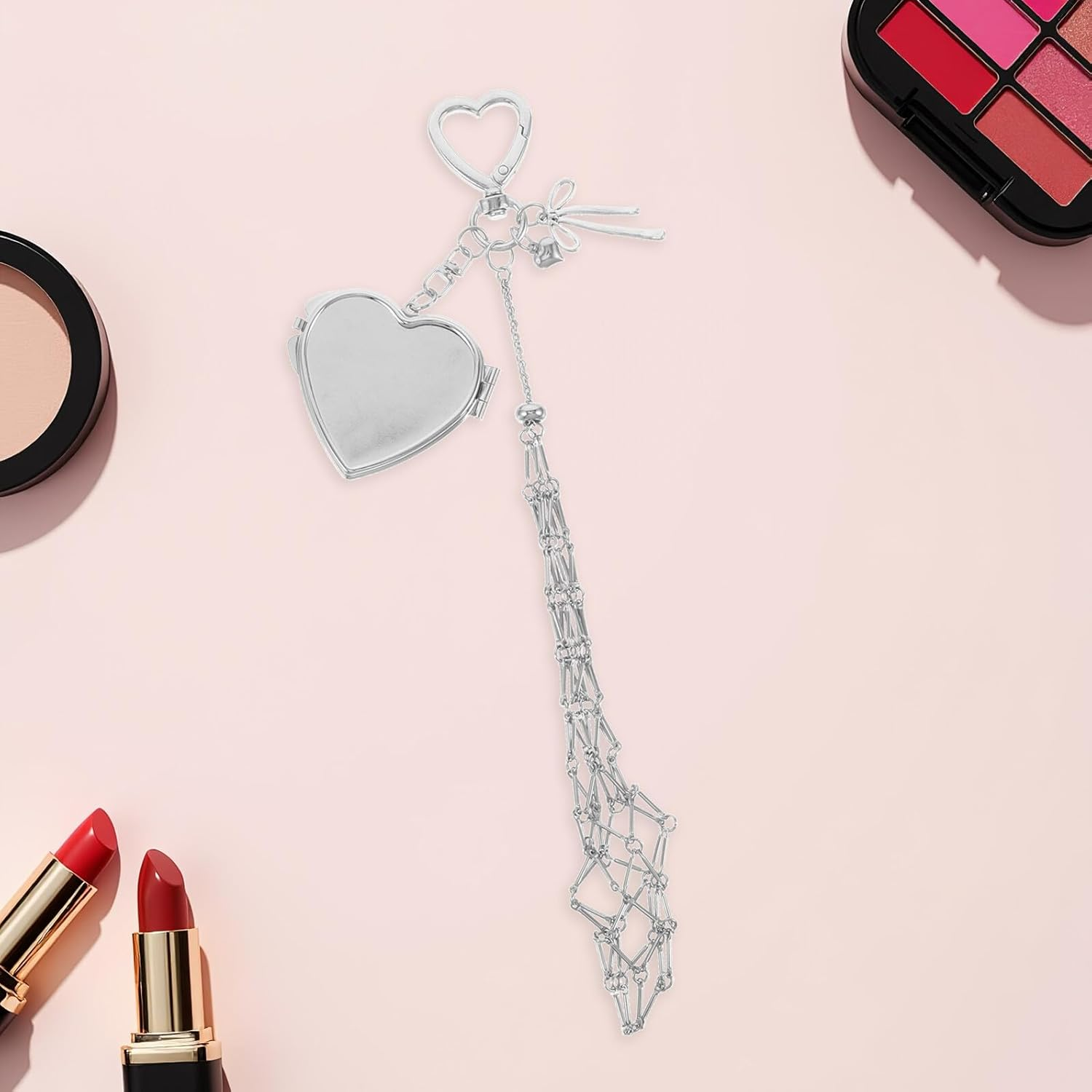 MERRYHAPY Stainless Steel Mesh Pocket Pendant Keychain Handbag Purse Lipstick Keyrings for Women Bag Keyrings Stylish Lip Balm Storage Women Bag Pendant Female Silver image number 5