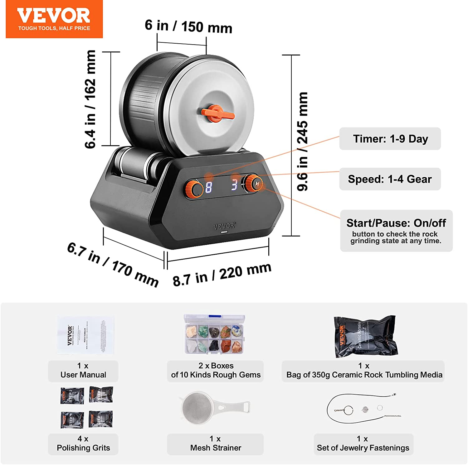 VEVOR Direct Drive 3LB Rock Tumbler Kit, 4-Speed/9-Day Timer,Professional Rock Polisher with Rough Gemstones/Grits/Jewelry Fastenings,Stone Polishing Kit for Family Fun Time,Stem Adults Kids