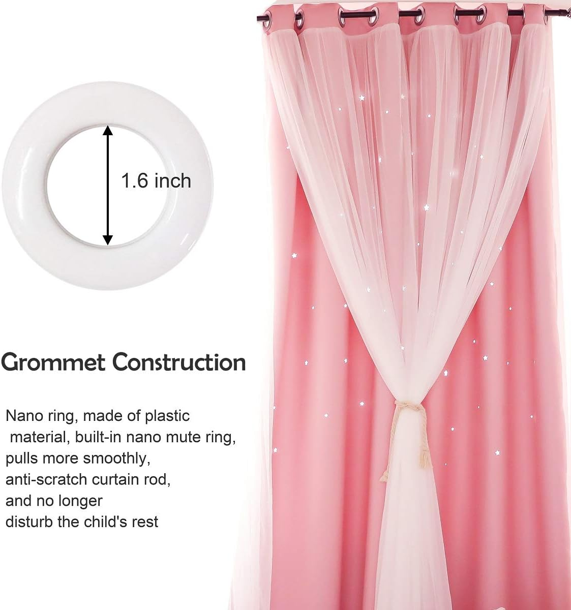 UNISTAR 2 Panels Stars Blackout Curtains for Bedroom Girls Kids Baby Window Curtain Double Layer Star Cut Out Aesthetic Living Room Decor Wall Home Decorations Curtain,W52 X L84 Inches,Pink image number 6