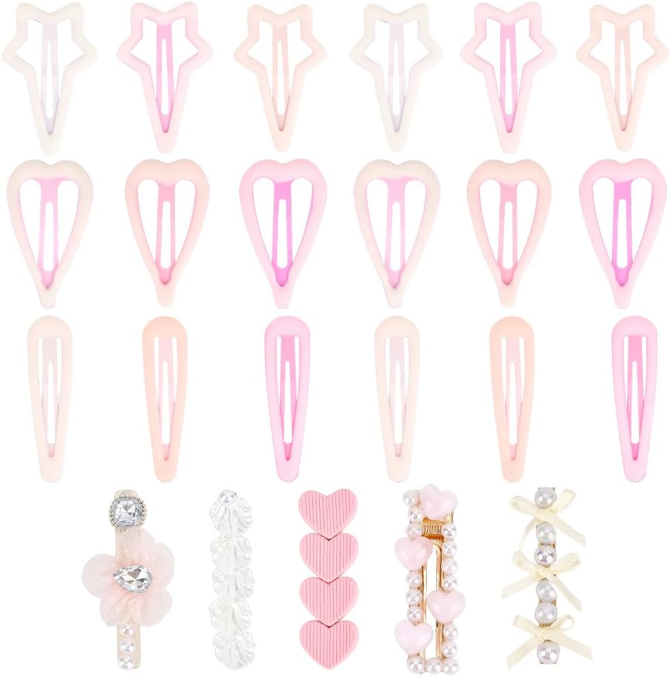 SOFPLATE Pack of 23 Hair Clips with Star Press Stud Metal Pink Hair Clips Colourful Aesthetic Heart Shape Teardrop Shape Elegant Decorative Headpiece Alligator Hair Pins Accessories for Long Short image number 4