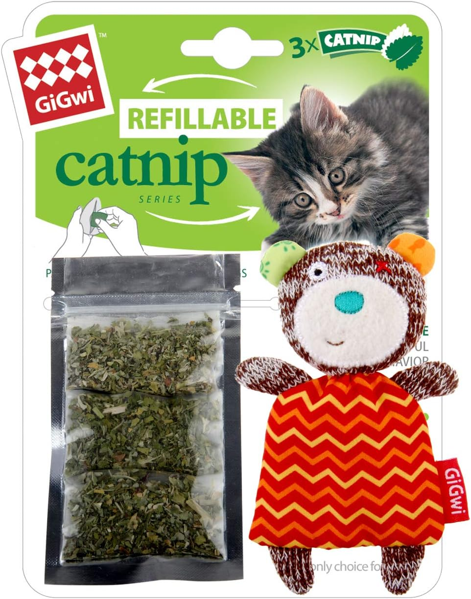 Gigwi Catnip Series Refillable Bear Ziplock Cat Toy with 3 Bags, Red image number 3