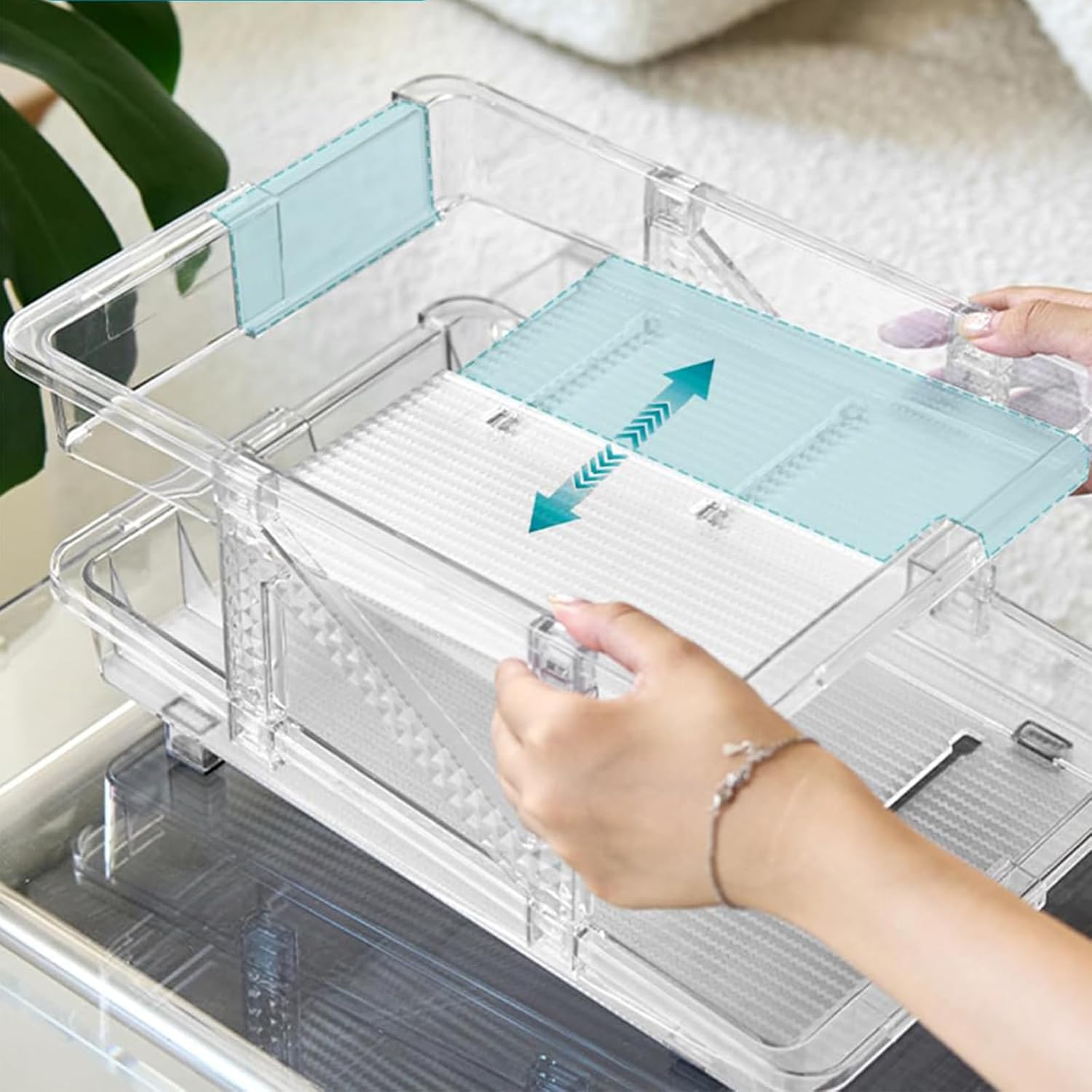 Soda Dispenser with Adjustable Width,Refrigerator Can Organiser,2-Layer Automatic Rolling Can Organiser Retractable Storage for Freezer,Kitchen, Fridge, Pantry, Cabinets, Clear image number 3