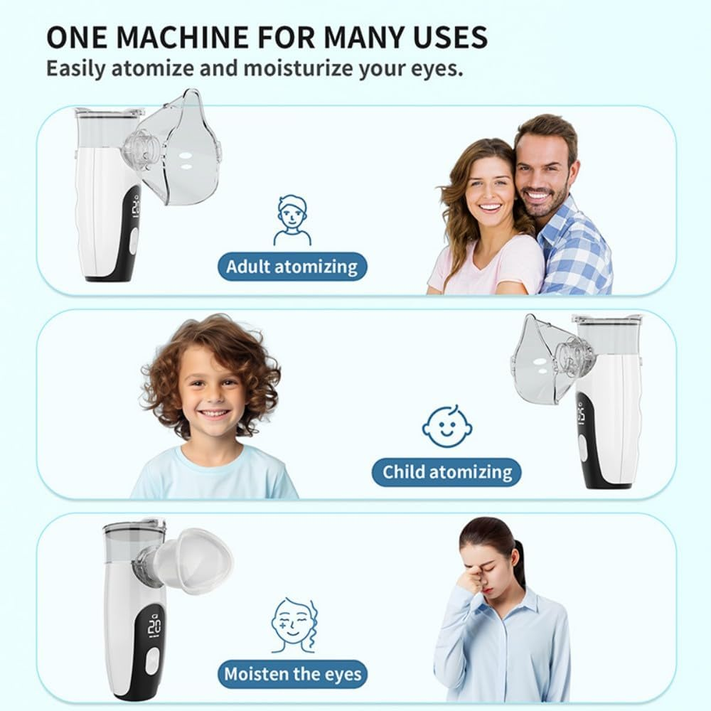 Rechargeable Portable Nebulizer & Eye Steamer for Adults and Kids with Interchangeable Nozzles, LED Display & Timing Function, Eye Mist Steamer for Moisturizing & Cleaning, Versatile Nebulizer for Travel Home Use