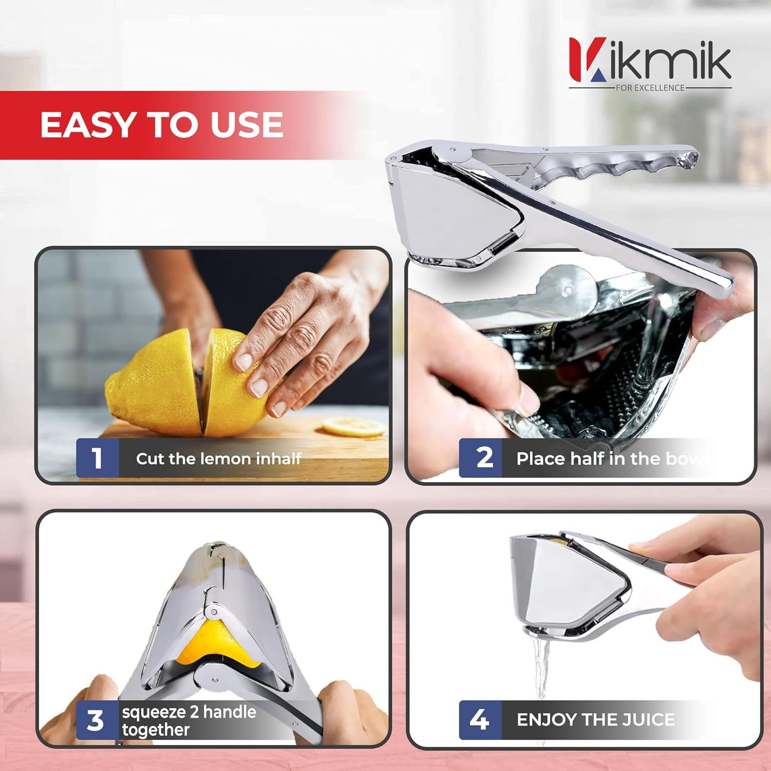 Kikmik Stainless Steel Lemon Squeezer - Handheld Citrus Squeeze Manual Juicer with Space-Saving Ergonomics Design & Sideways Pivot for Maximum Juice Yield- (Silver).