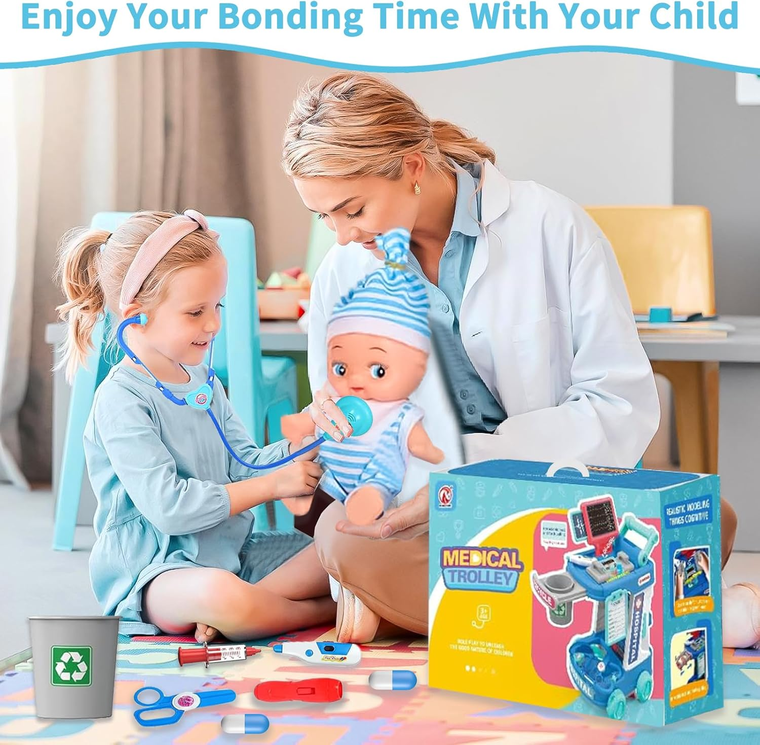 Doctor Play Sets for Kids with Medical Rolling Cart,Doctor Costume Stethoscope and Doll,Role Play Medical Toy for Kids Aged 3 4 5 image number 5