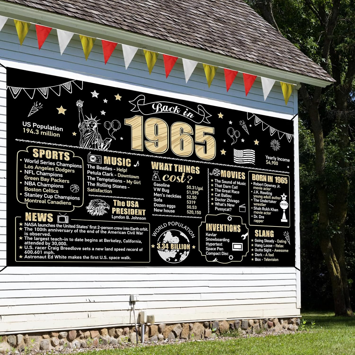 60Th Birthday Decorations Back in 1965 Banner Backdrop for Men Women, Happy 60 Birthday Sign Poster Party Supplies, Black Gold Sixty Bday Photo Background Party Decor for Outdoor Indoor image number 2