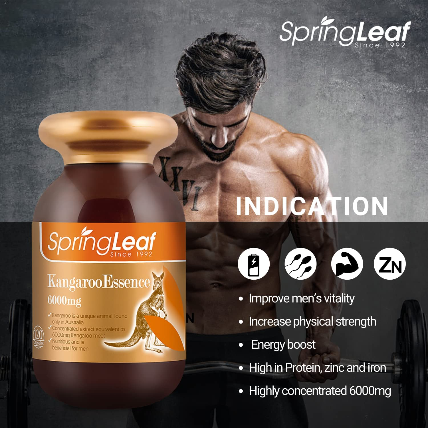 Spring Leaf 6000Mg Kangaroo Essence 120Caps - Support Men Energy Level Physical Strength& Stamina -High in Protein Amino Acid -Rich in Vitamins with Zinc & Iron image number 1