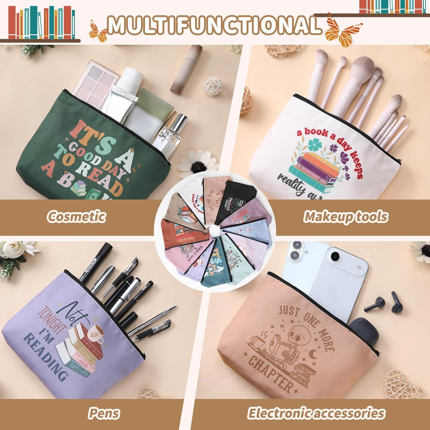 Cosblank 24 Pack Book Lovers Gifts Book Themed Makeup Bags Bulk Cosmetic Pouches Gifts for Reader Librarian Women Christmas Literary Lovers Favors