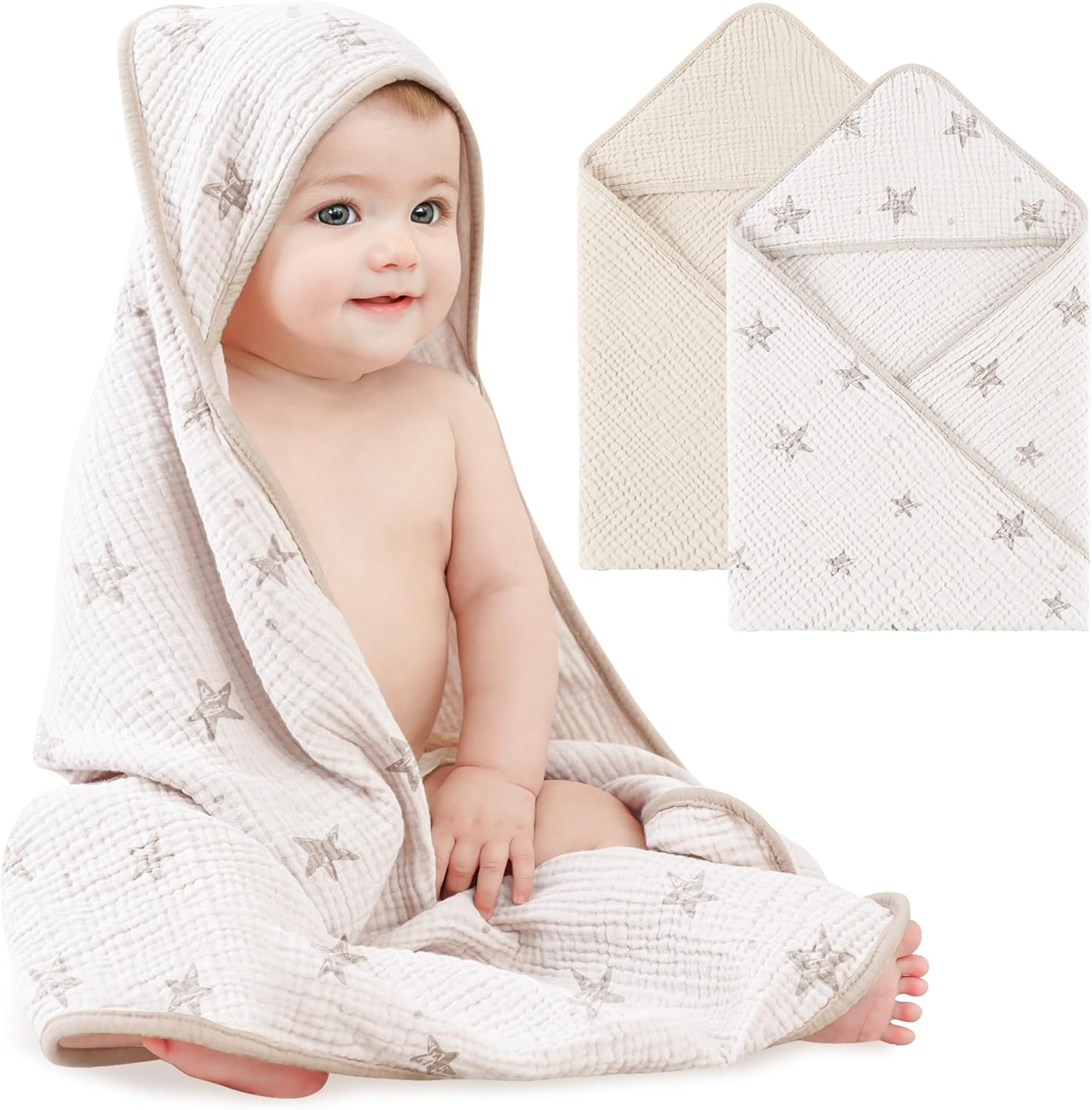 Bearmoss Muslin Baby Bath Towels 100% Cotton Baby Hooded Bathing Towels for Newborn Unisex Baby Boys Girls Infants Toddlers & Kids - 30X30In 2Pack (Cream Star)
