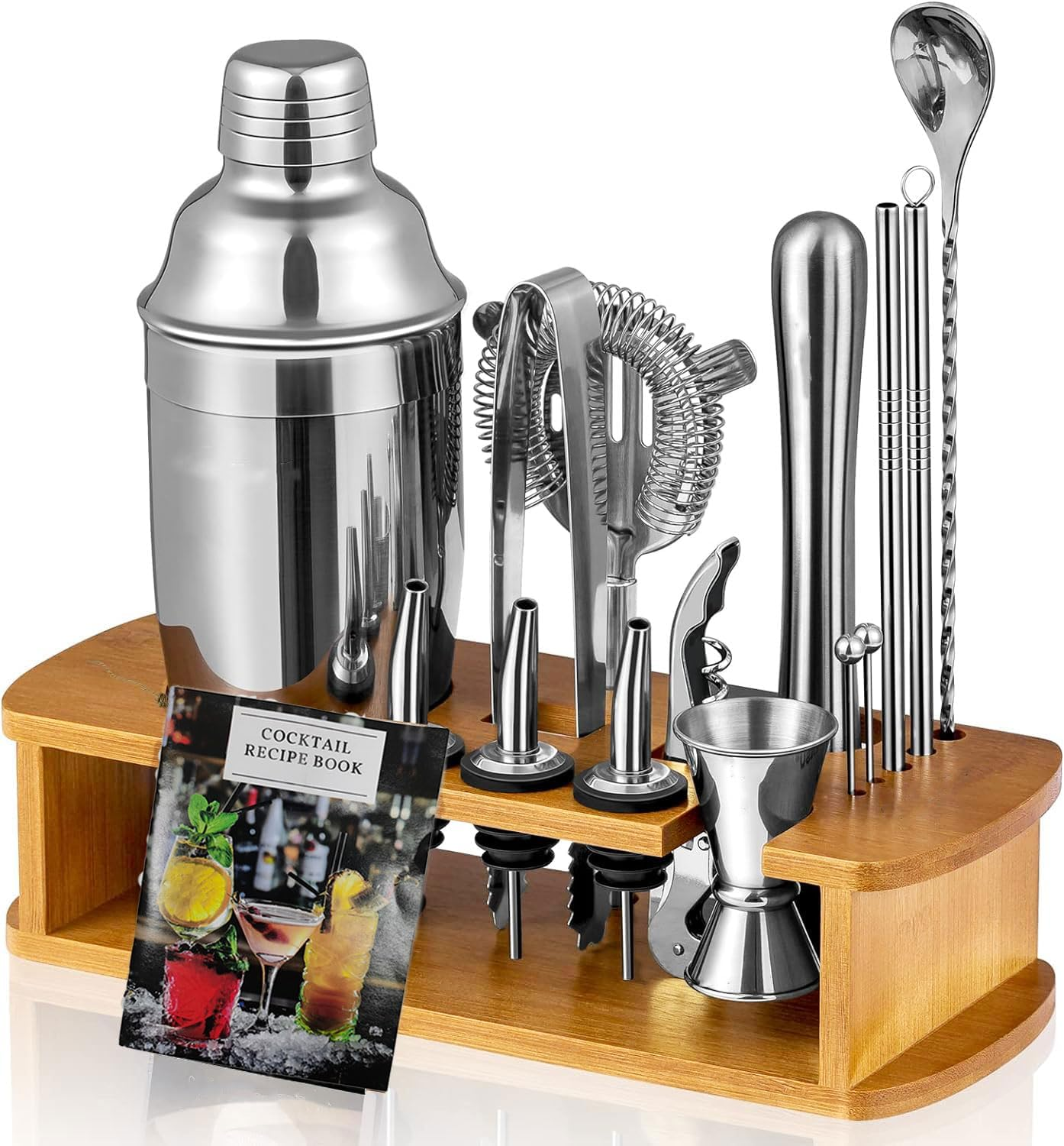 Cocktail Shaker Set Bartender Kit with Stand | Bar Set Drink Mixer Set with All Essential Bar Accessory Tools: Martini Shaker, Jigger, Strainer, Mixer Spoon, Muddler, Liquor Pourers (Black)
