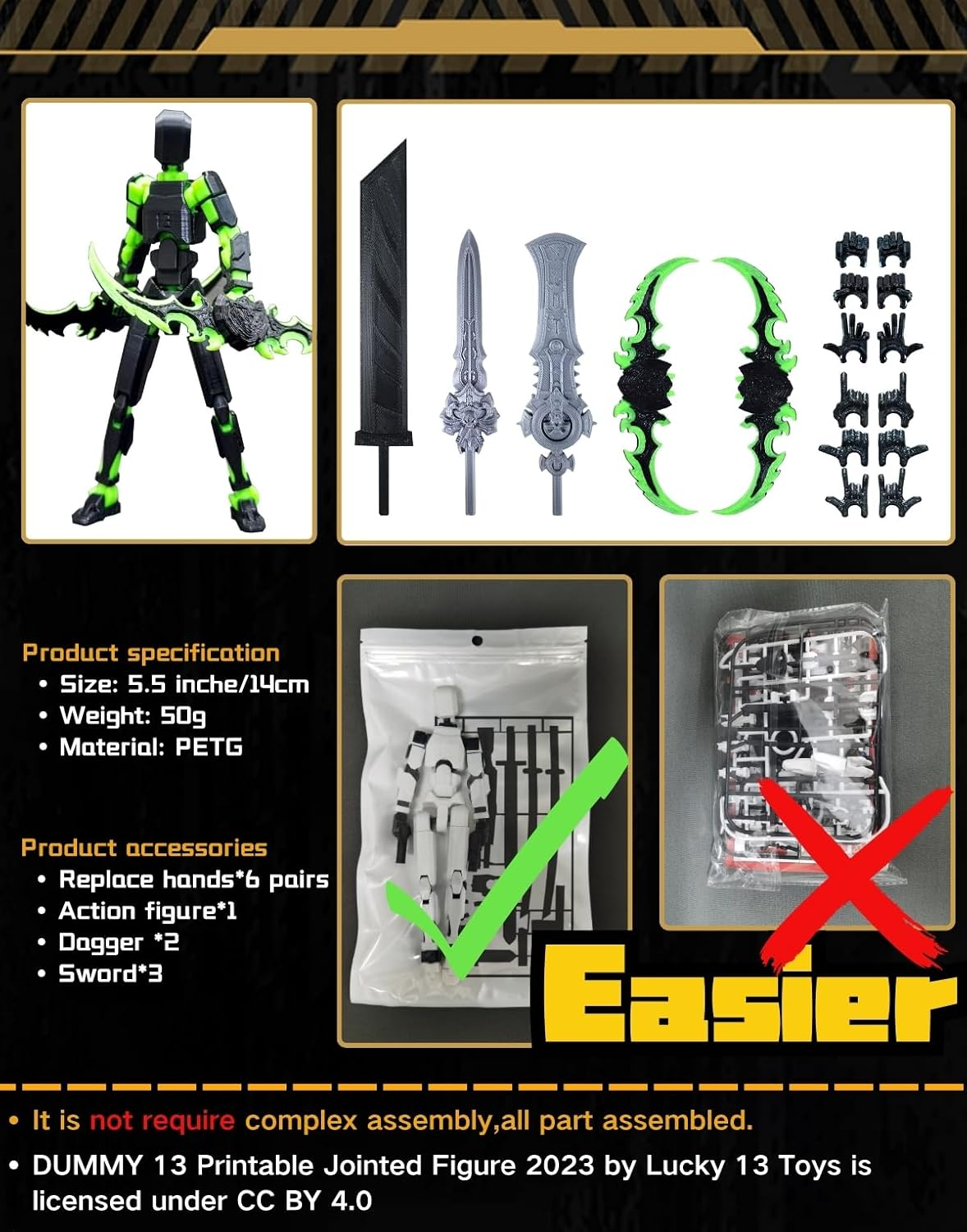 T13 (Assembly Completed) 3D Printed Action Figure,Dummy 13 Robot Action Figure, T13 Collectible Action Figure Articulated, for Collectors Desktop Decorations, Mu&ntilde;eco De Acci&oacute;n (Black Green) image number 4