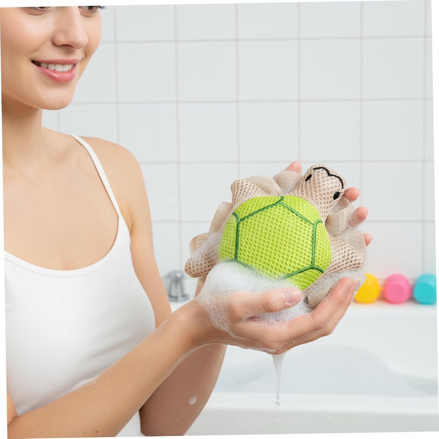 Kids Loofah for Baby Bath Sponge Extra Large Double-Layer Mesh for Rich Lather & Gentle Exfoliating Cute Shower Scrubber for Toddler Girls & Women - Green image number 3