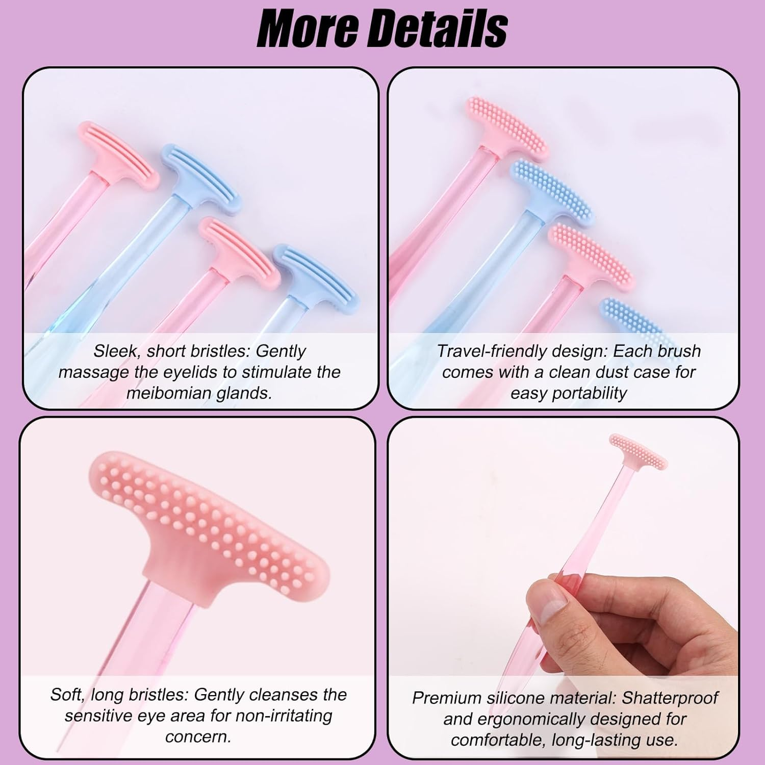 4Pcs Eyelid Brushes, Silicone Plastic Ultra Soft Eyelid Margin Cleansing Brushes Practical Cleansing Tool Accessories for Gently Cleaning Oil and Dirt (2 Colors) image number 4