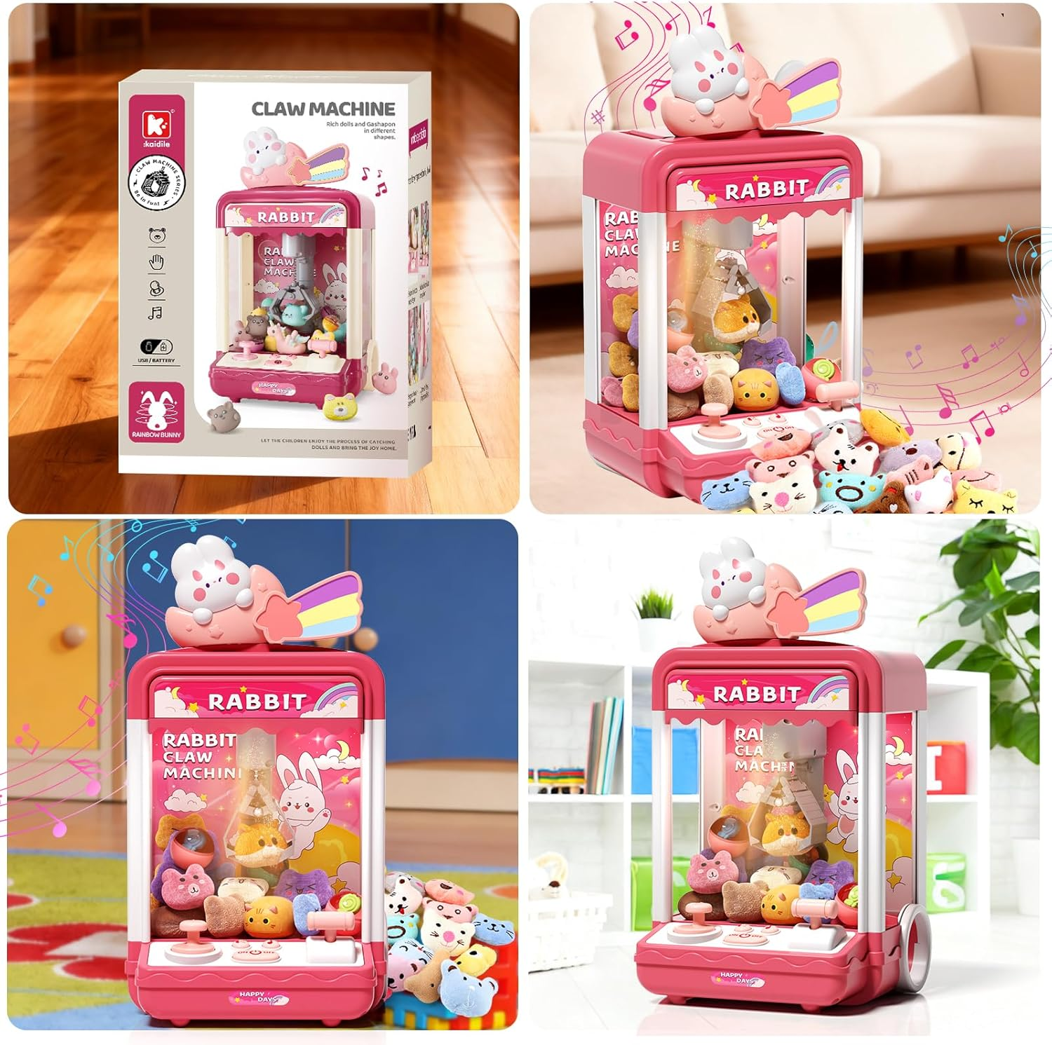 Kids Claw Machine, Mini Candy Vending Grabber, Prize Dispenser Toys for Girls and Boys, Electronic Claw Game Machine for Party Birthdays with Lights Sound, Includes 10 Plush and 10 Mini Toys