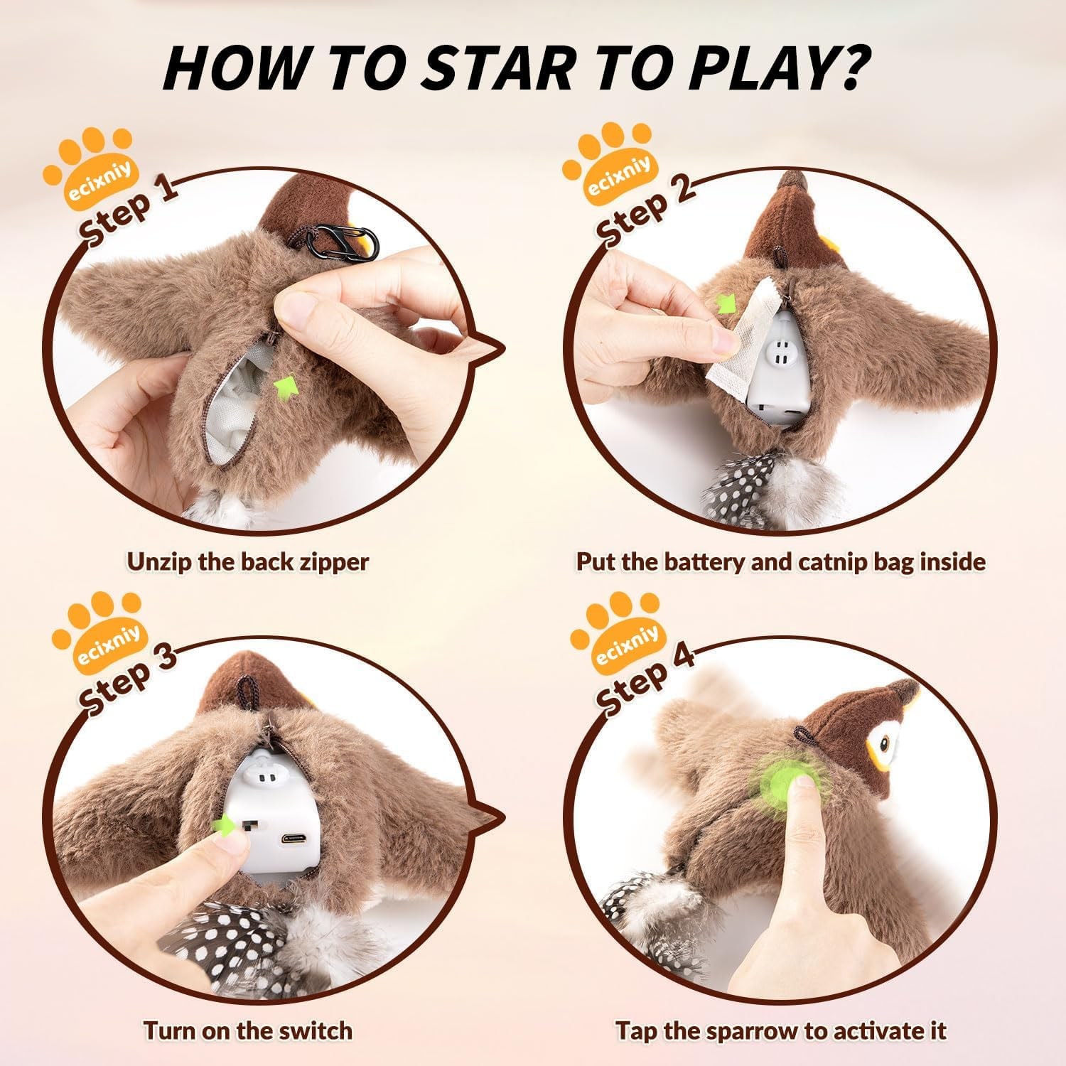 Ecixniy Flapping Bird Cat Toy for Indoor Cats &ndash; Bird-Shaped Design,Bird Catnip Toys, Catnip Compartment, Fun & Engaging Cat Toys, Fluffy Plush Dog Toys-Bluebird