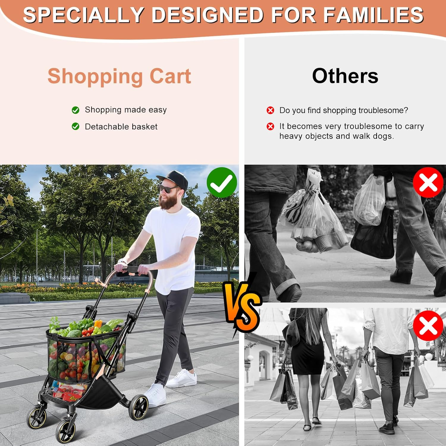 SNSUTY Foldable Shopping Cart, 85 Liters Grocery Cart Utility Carts, Two Layers Shopping Trolley with Wheels ＆ Stylish Removable Tote, One-Handed Compact Fold, and One-Step Parking Brake Multi Use image number 3
