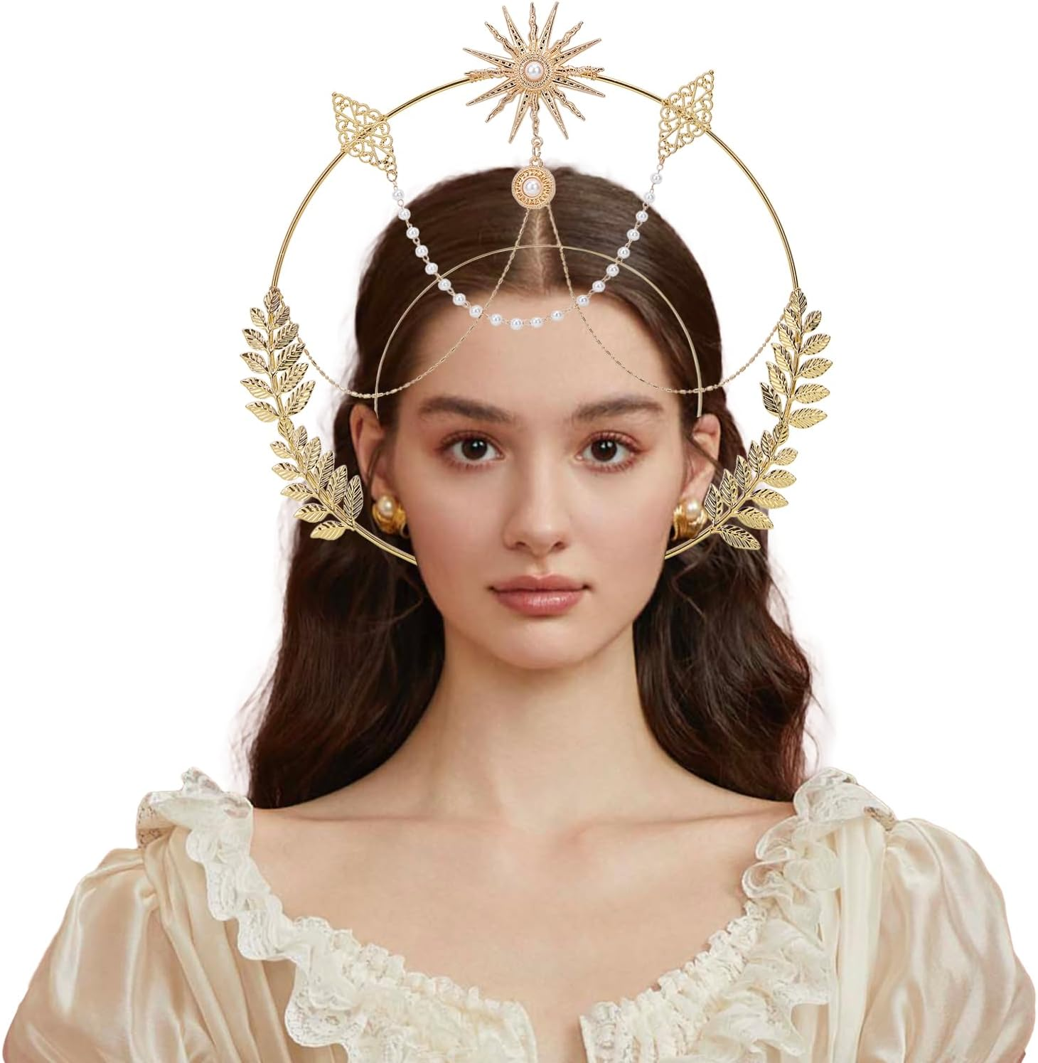 NICENEEDED Halo Crown Headpiece, Gothic Sun Goddess Headband, Gold Leaf Mary Halo Crown Headdresses Costume Cosplay Party Palace Queen Headwear Angel Tiaras for Women Halloween image number 6