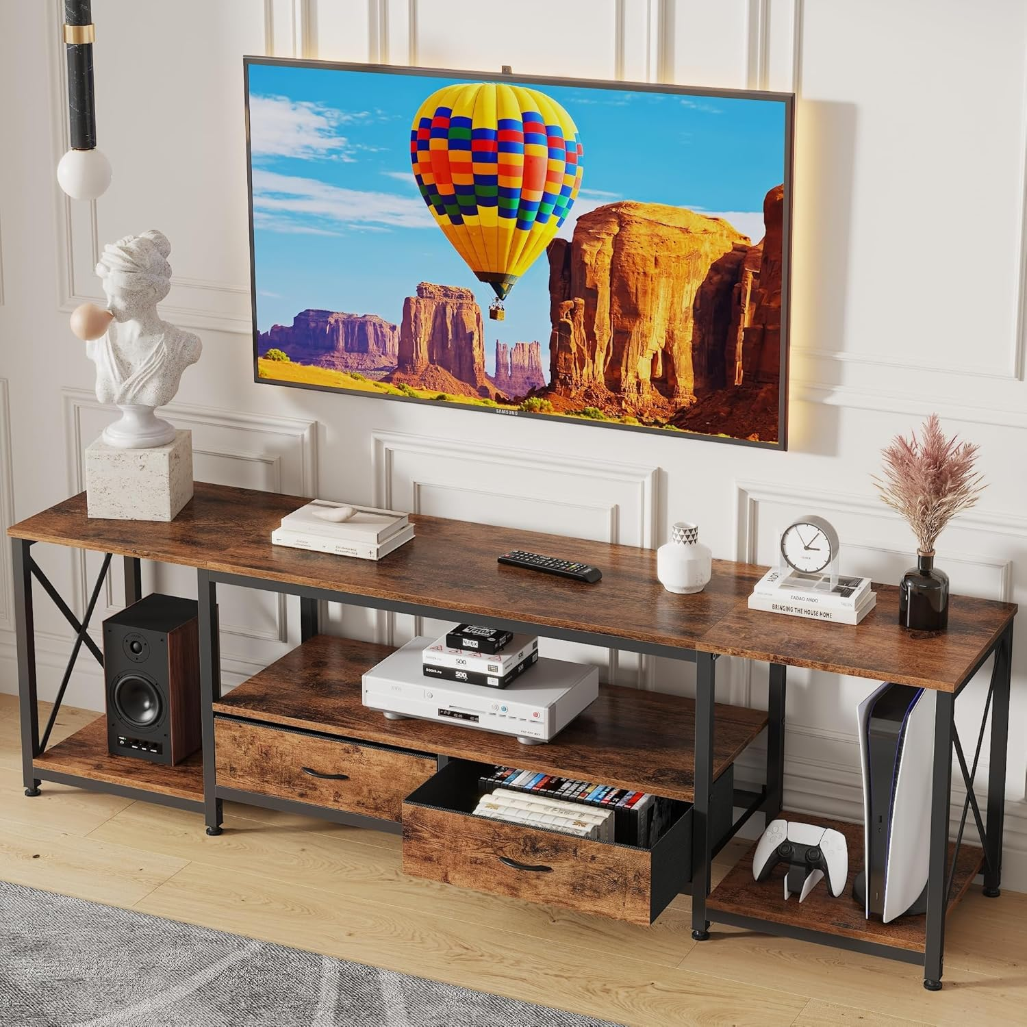 TV Stand with Drawer for 65 70 75 Inches TV - Entertainment Center and Industrial TV Console Table with Open Shelves for Living Room, Bedroom - 63" Rustic Brown image number 2