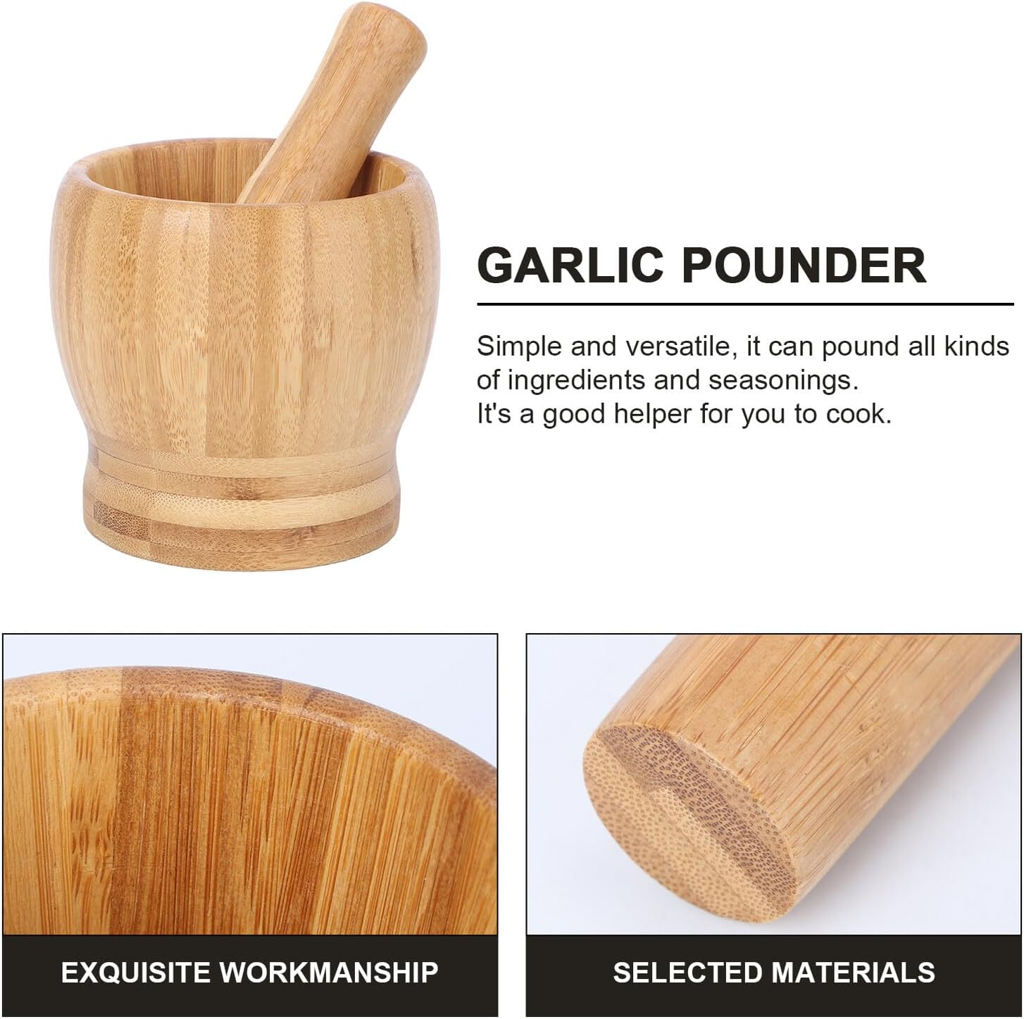 SHOWERORO 2Pcs Large Bamboo Garlic Grinder Set for Kitchen Tools Ergonomic Manual Spice Crusher Easy to Clean Household Garlic Press for Dining and Restaurant Use