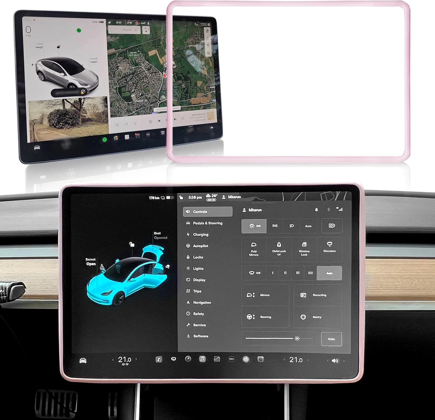Screen Protector Frame Compatible with Tesla Model 3 Model Y 2024 2023 2022 2021 2020 2019 Screen Edge Protector Cover Center Console Decoration Interior Accessories (Pink) image number 1