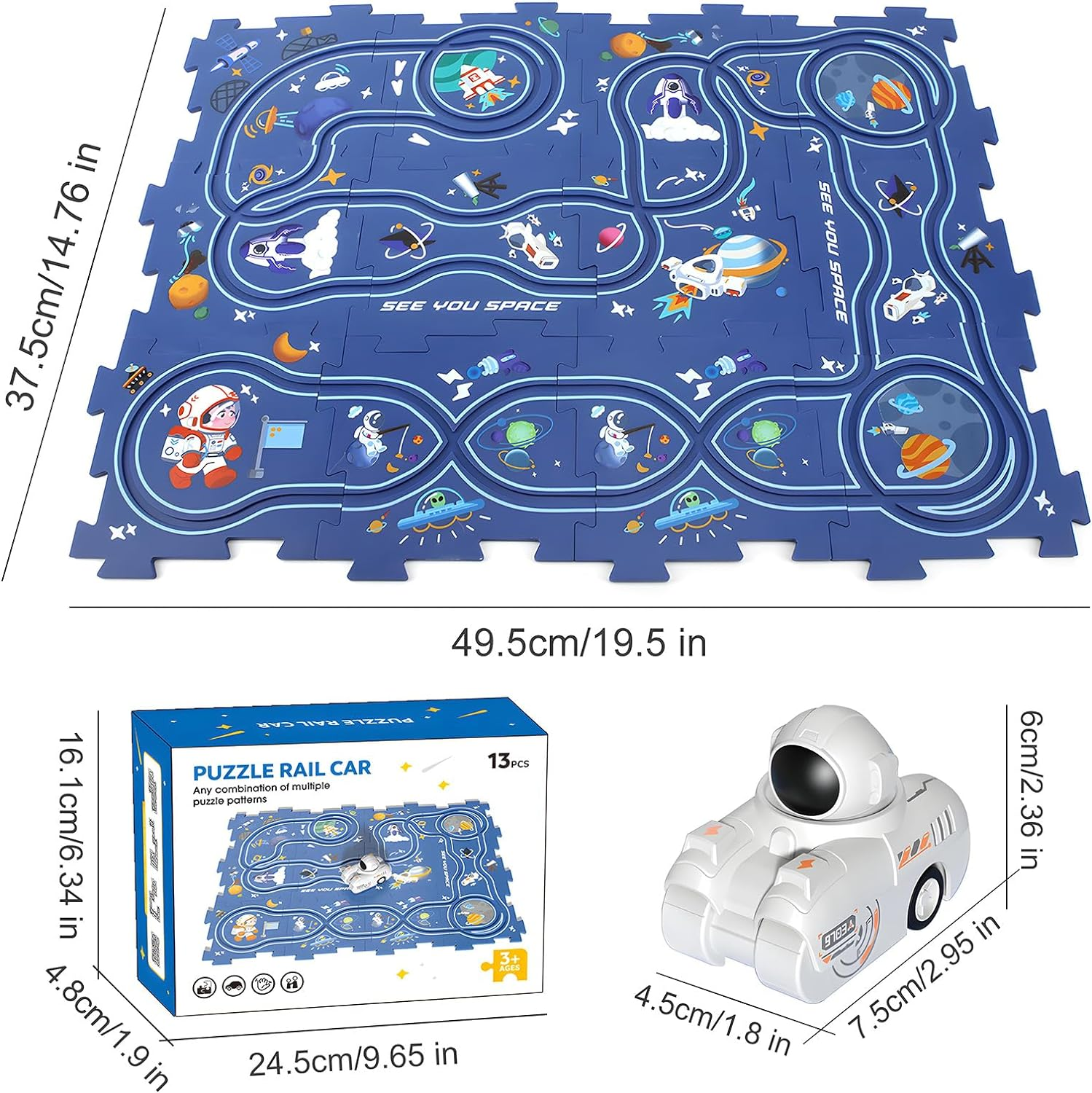 Space Astronauts Theme Puzzle Track Car Playset for Kids, Puzzle Mat Rail Train STEM Montessori Toys, DIY Road Builder Board Game Educational Gift Toys for 3 4 5 6 7 Year Old Boys image number 1