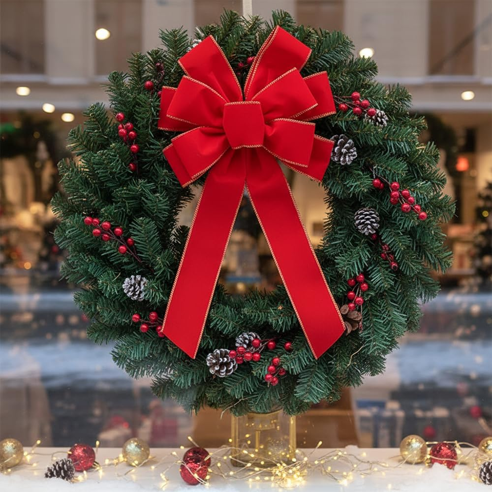 Red Velvet Bows for Indoor Outdoor Christmas Decorations,Porch Christmas Tree Bows Topper Decor Wreath (12 * 14 Inch)(2Pcs) image number 3